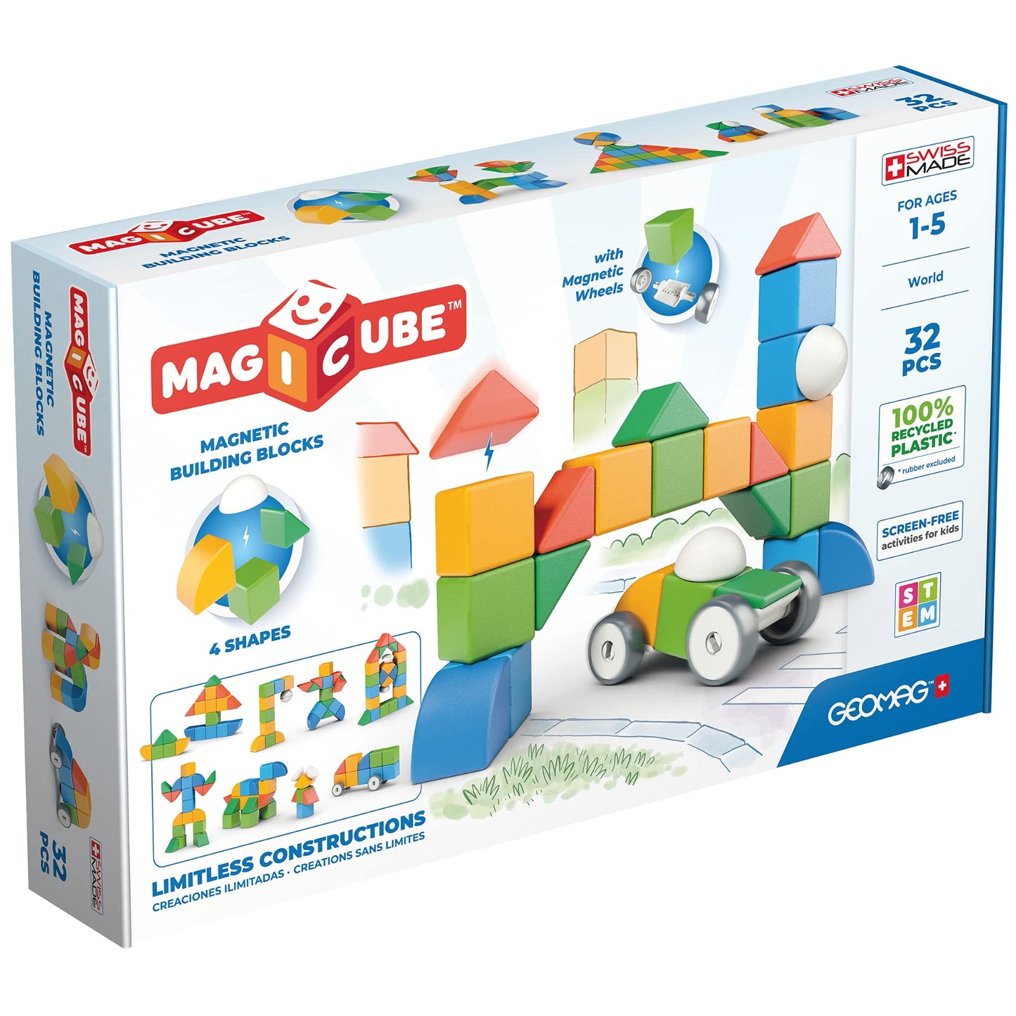 Geomag MagiCube 32-pc Magnetic Blocks Set for Toddlers & Kids Ages 1-5 | Swiss-Made STEM Educational Toy Made from 100% Recycled