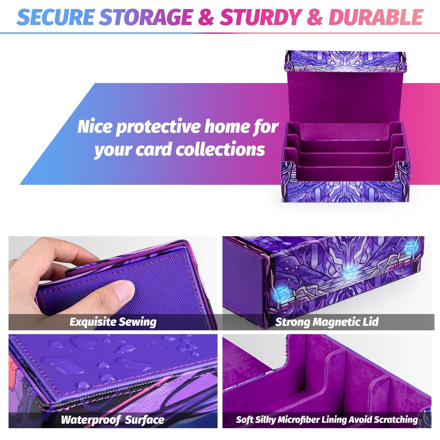 Uaono Card Storage Box For Mtg, Trading Card Deck Box Holds 1800+ With 6 Dividers, Leather Printing Magnetic Closure Card Storage Case Fits Tcg Ccg Sports Cards (Violet, Lotus)