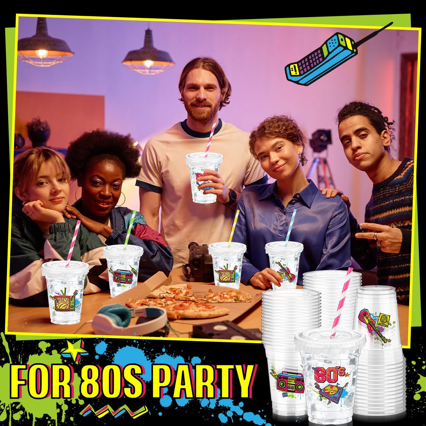 Foldtier 50 Pcs 80'S Party Cups Disposable Plastic Cup 12 Oz G Back To 80S Cups Thick 80S Theme Clear Cup Lids Straws Retro Musi