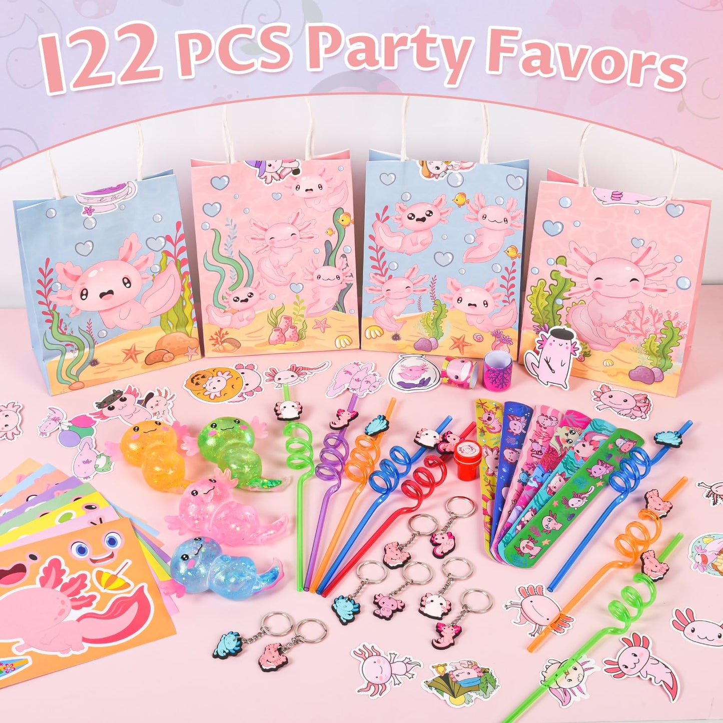 LiYiQ 134 Pcs Axolotl Party Favors Set - Straws, Keychains, Stickers, Gifts for Birthday Party Supplies