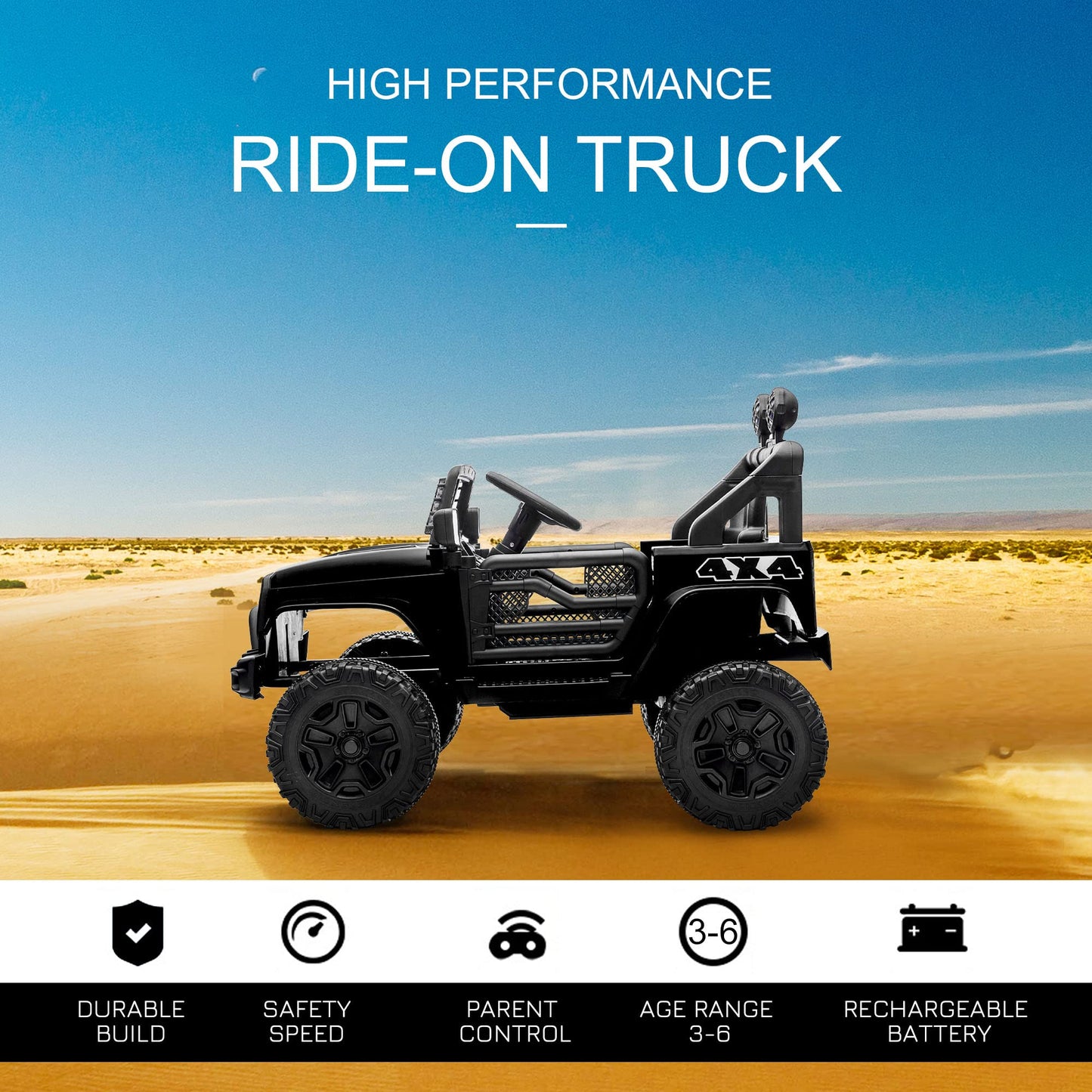 Aosom 12V Kids Ride On Truck With Parent Remote Control, Battery Powered Electric Car With Spring Suspension, Adjustable Speed, Led Lights And Horn, Black