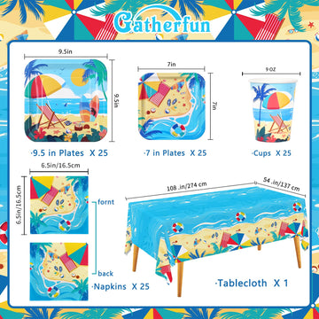 Beach Theme Party Supplies, Summer Pool Pack Includes: Paper Dinner Plates, Dessert Plates, Luncheon Napkins, Cups And Tableclot