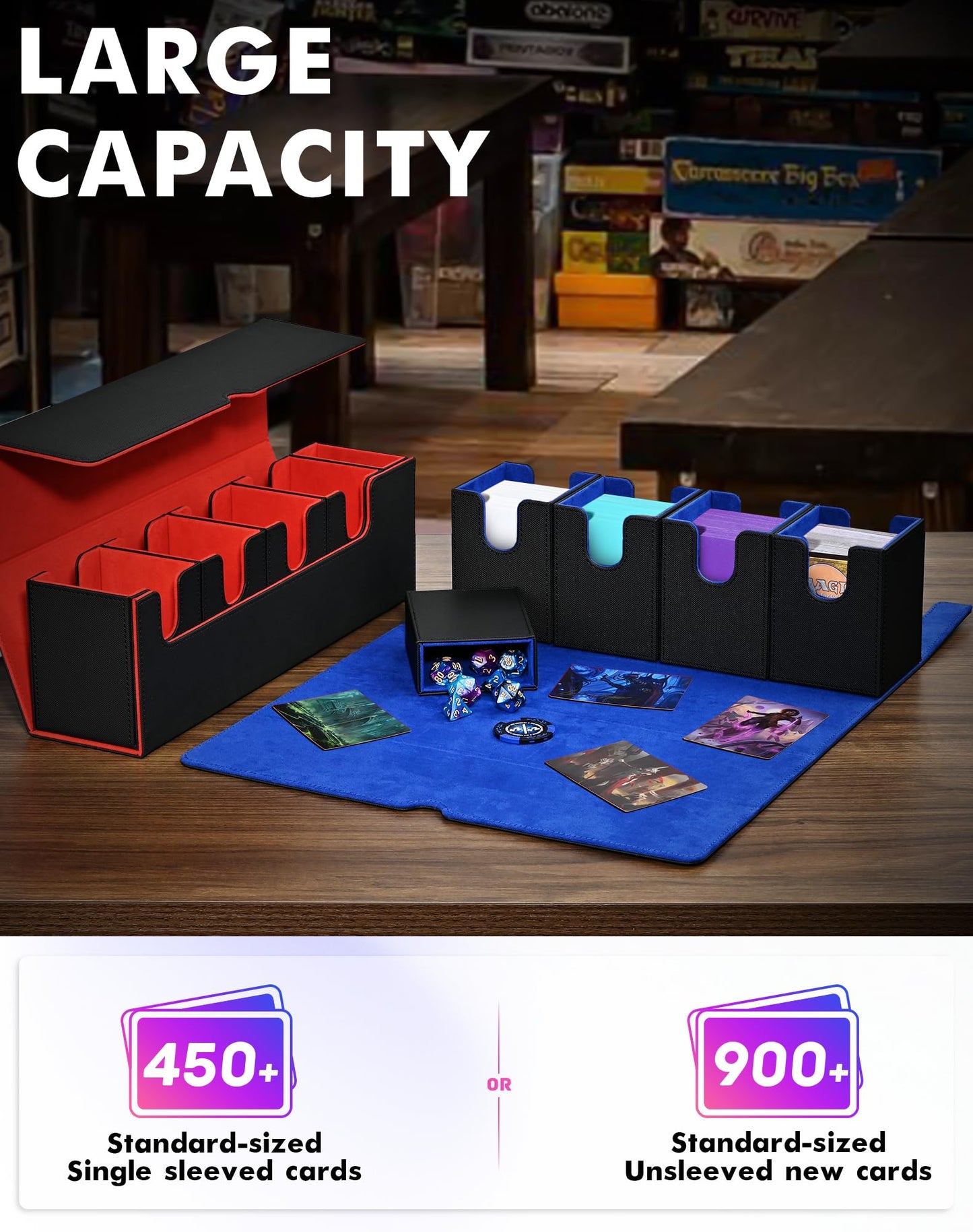 Uaono Card Deck Box With Dice Tray For Mtg, 5 In 1 Card Deck Case Holds 800+ Unsleeved Cards, Strong Magnet Card Organizer Compatible With Yugioh Tcg Sports Cards (Black Blue)