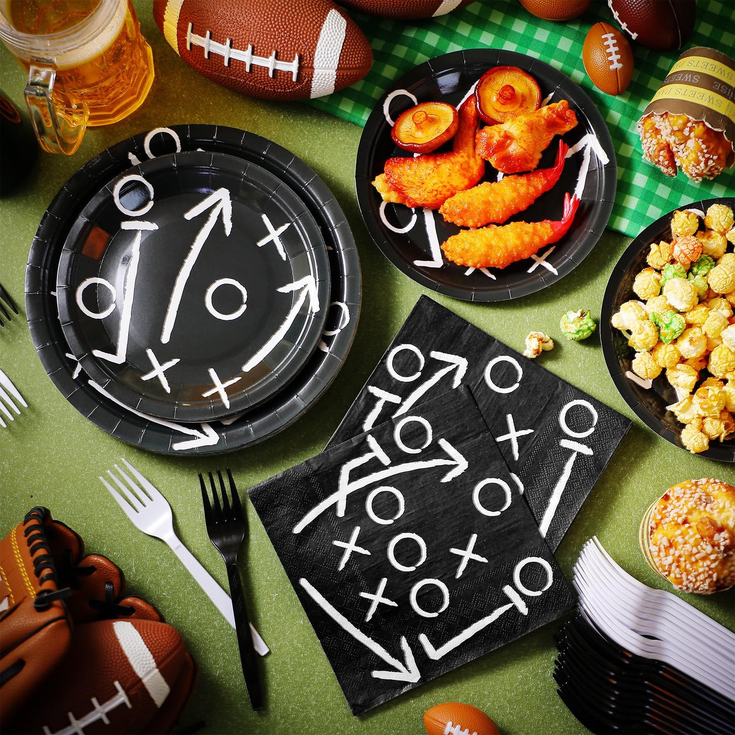 Umigy 96 Pcs Football Plates and Napkins Forks Sets Football Birthday Party Supplies for 24 Guests Black White Football Party Ta