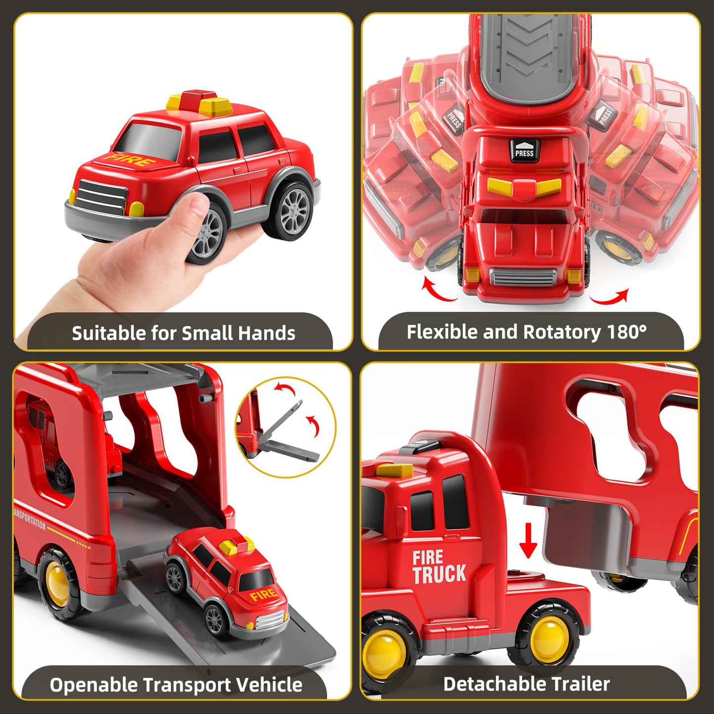 JUKUDAHU 7-in-1 Fire Trucks Car Toys for 3 4 5 6 Years Old - Transport Truck Toys for Toddlers 4-6, Trucks Toys with Sound and L