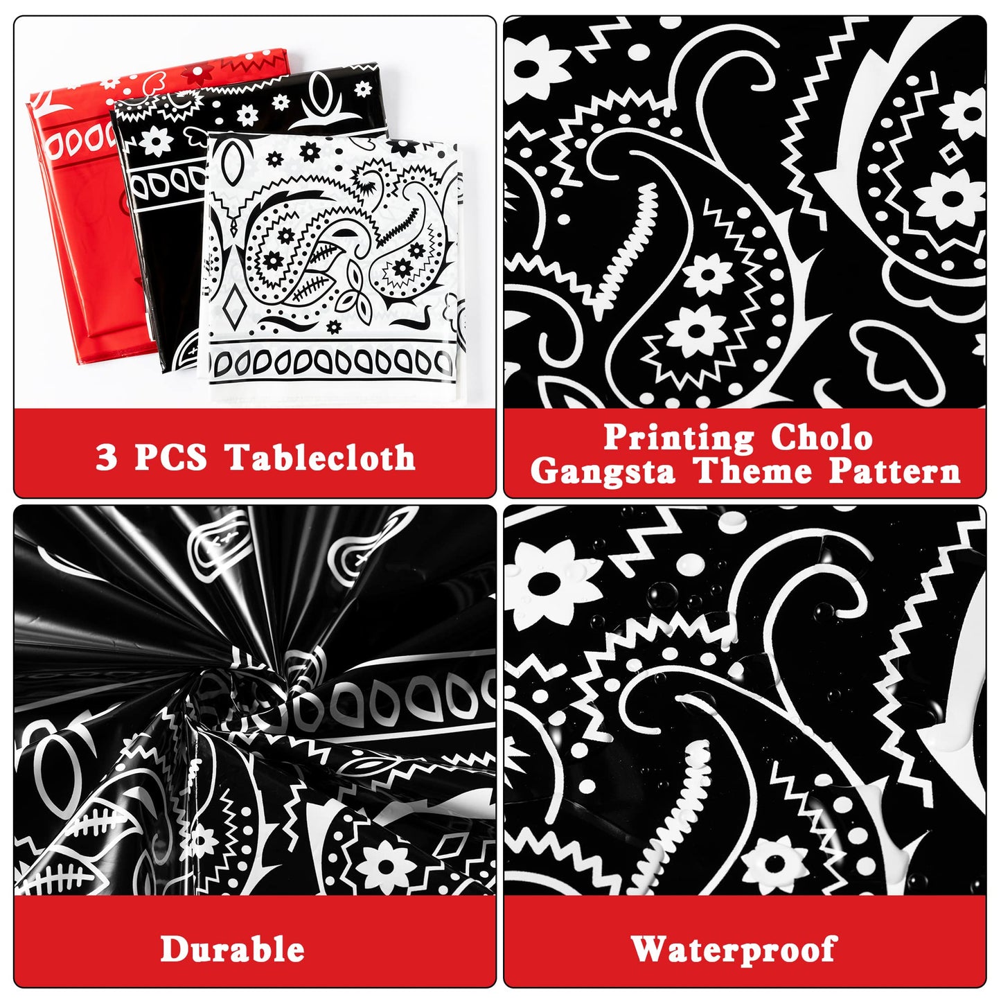 K1Tpde 3Pcs Bandana Party Tablecloths, Cholo Gangsta Theme Bandana Table Covers, Bandana Plastic Tablecloth, Cholo Themed Western Party Decorations For Adult, Red, White, Black Party Tablecloths