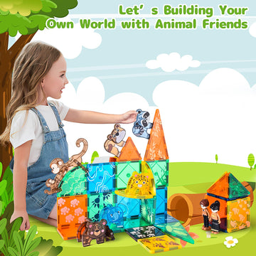 Magnetic Tiles Animals And Baby Family Set, Magnet Tiles Building Blocks For Toddler 3-5, Stem Learning Toy Early Education Cons