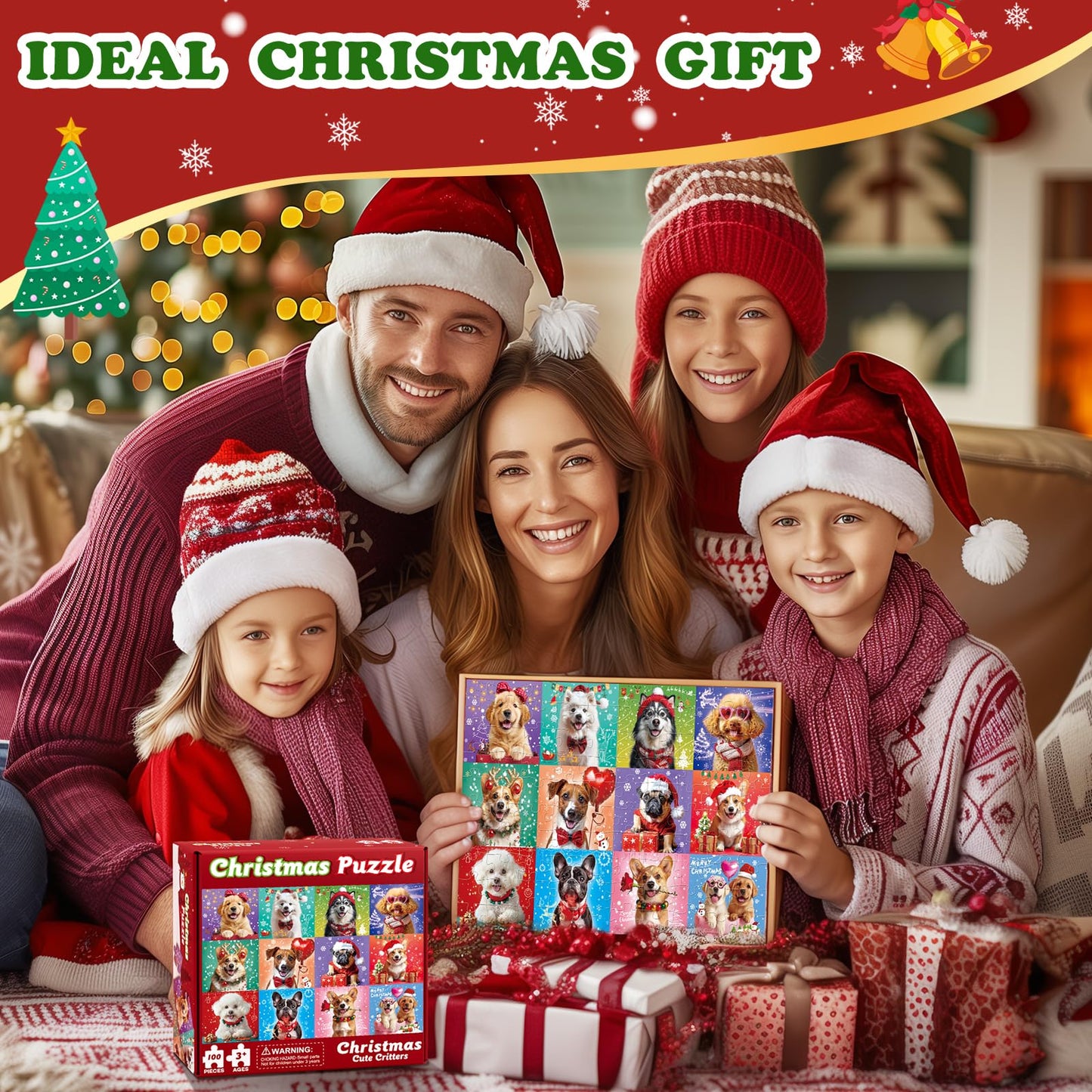 100 Pieces Christmas Puzzle For Kids Age 4-8 4-6 8-10 Christmas Cat Dog Jigsaw Puzzles Gifts Stocking Stuffers For Boys Girls (D