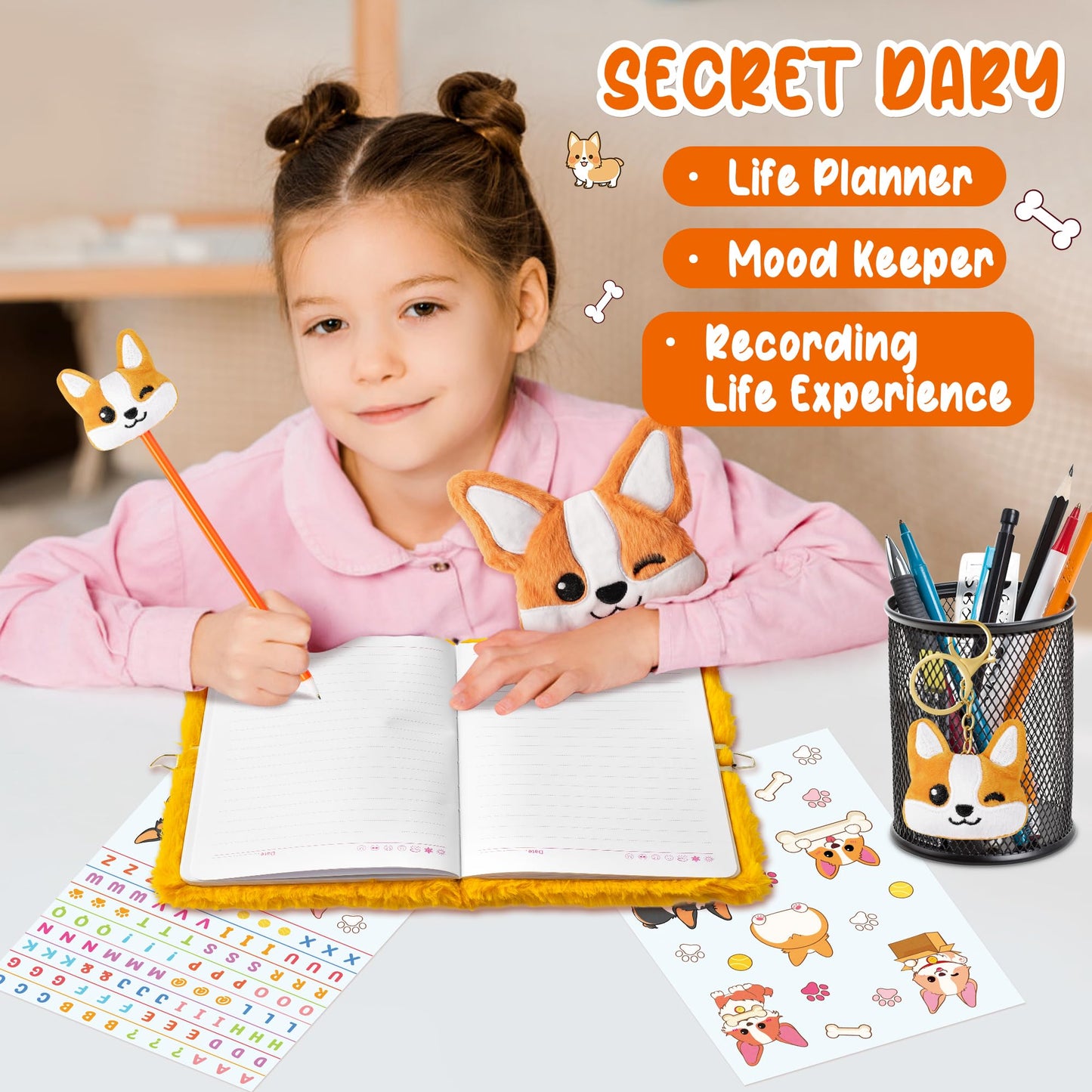 Cy2Side Corgi Dog Diary Set - 6Pcs Corgi Diary With Lock And Keys For Girls, Corgi Plush Secret Journal Diary Journaling Set For Writing, Make Your Own Scrapbook With Crafts Idea Gift For Teen Girls