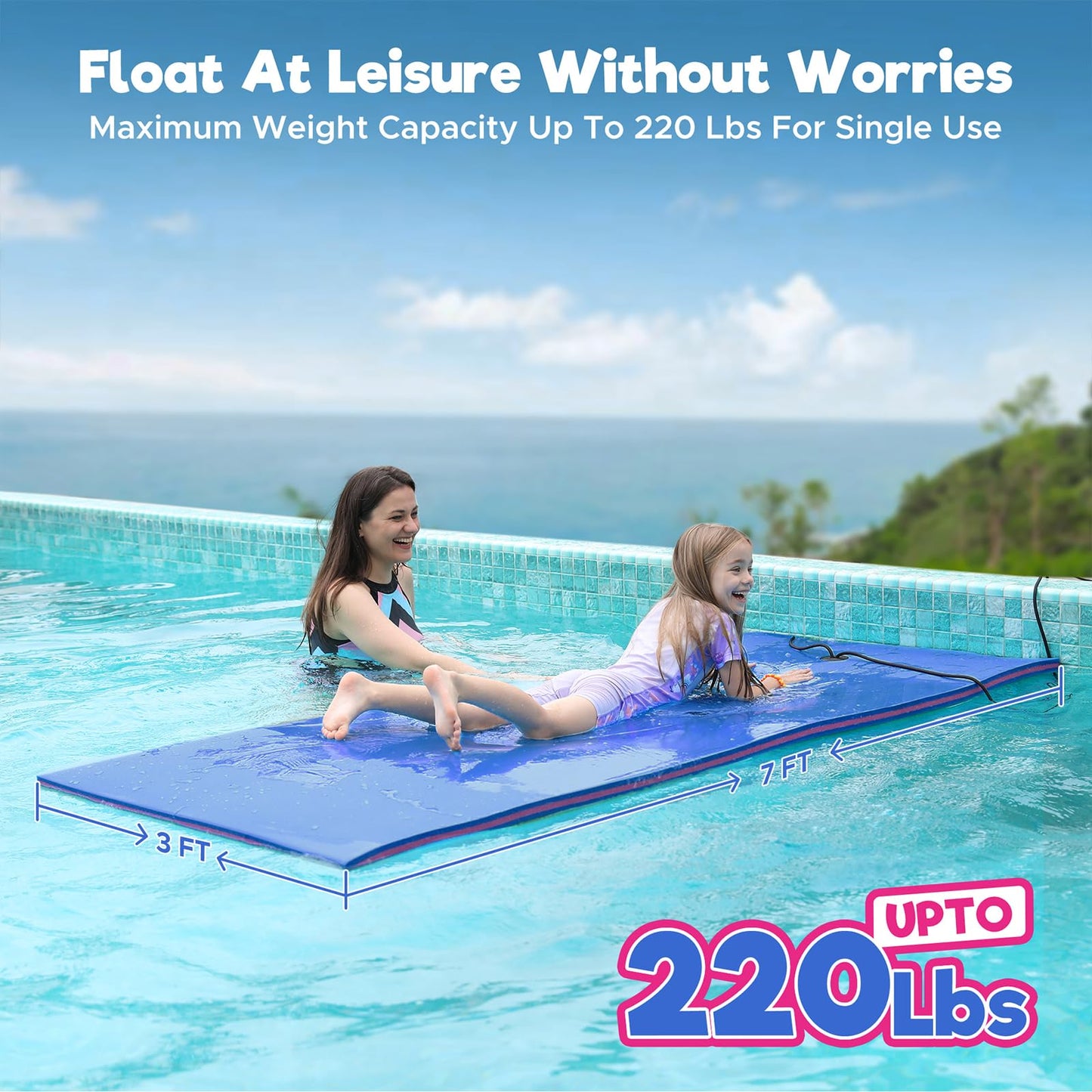 Warmounts Floating Water Mat, 7' X 3' Lily Pad Floating Mat, 3-Layer Tear-Resistant Xpe Foam Water Mat With A 16.4'' Bungee Teth