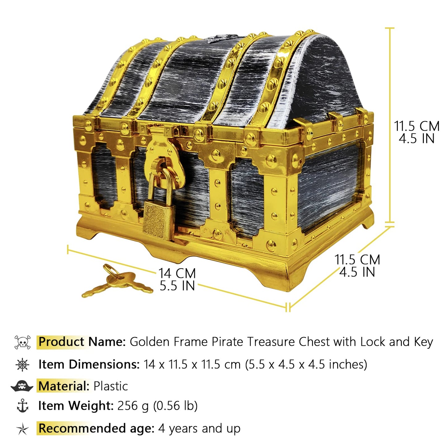 Kids Golden Frame Pirate Treasure Chest With Lock And Key, Treasures Collection Storage And Decorative Box For Kids Birthday Pir