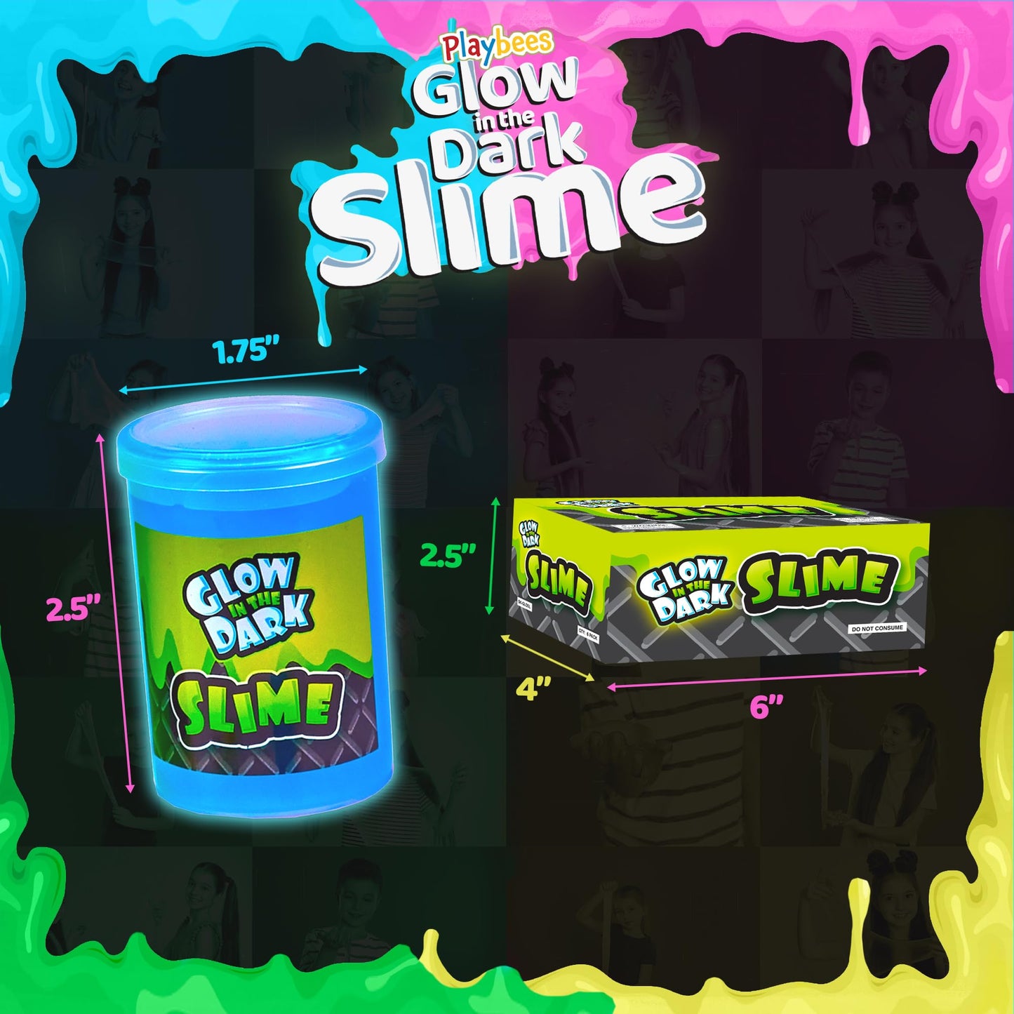 Playbees Glow In The Dark Slime - 12 Pack - Neon Blue, Green, Pink, Yellow Colors - Glowing Slime Kit For Kids - Party Favors, G