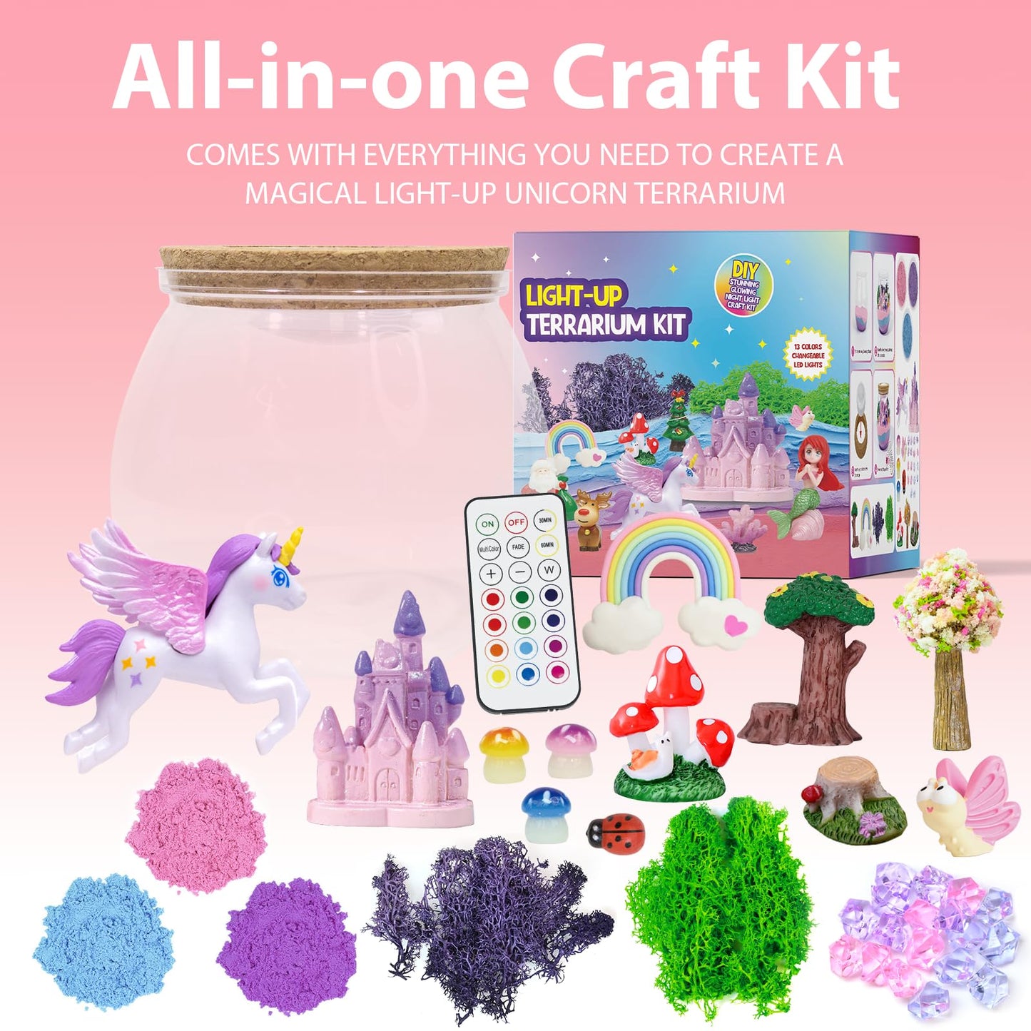 Unicorn Light-Up Terrarium Kit For Kids - Led Night Light Birthday Gift For Girls Ages 4 5 6 7 8-12 Year Old - Unicorn Toys For