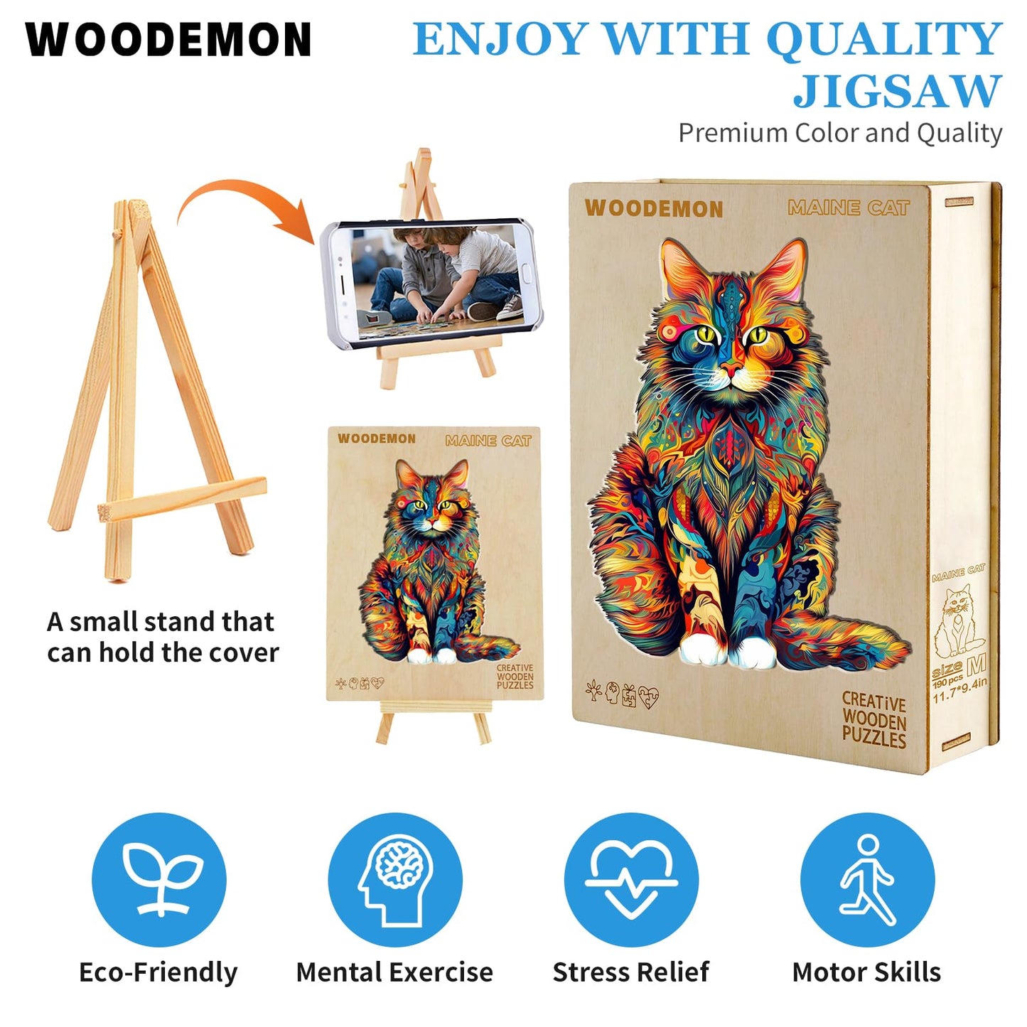 Woodemon Wooden Puzzles For Adults, Maine Coon Cat (L-300Pcs) Wooden Jigsaw Puzzles, Unique Shaped Animal Wood Puzzles, Wooden Animal Puzzles For Adults And Kids Family Christmas Puzzles 16.5*13.2In