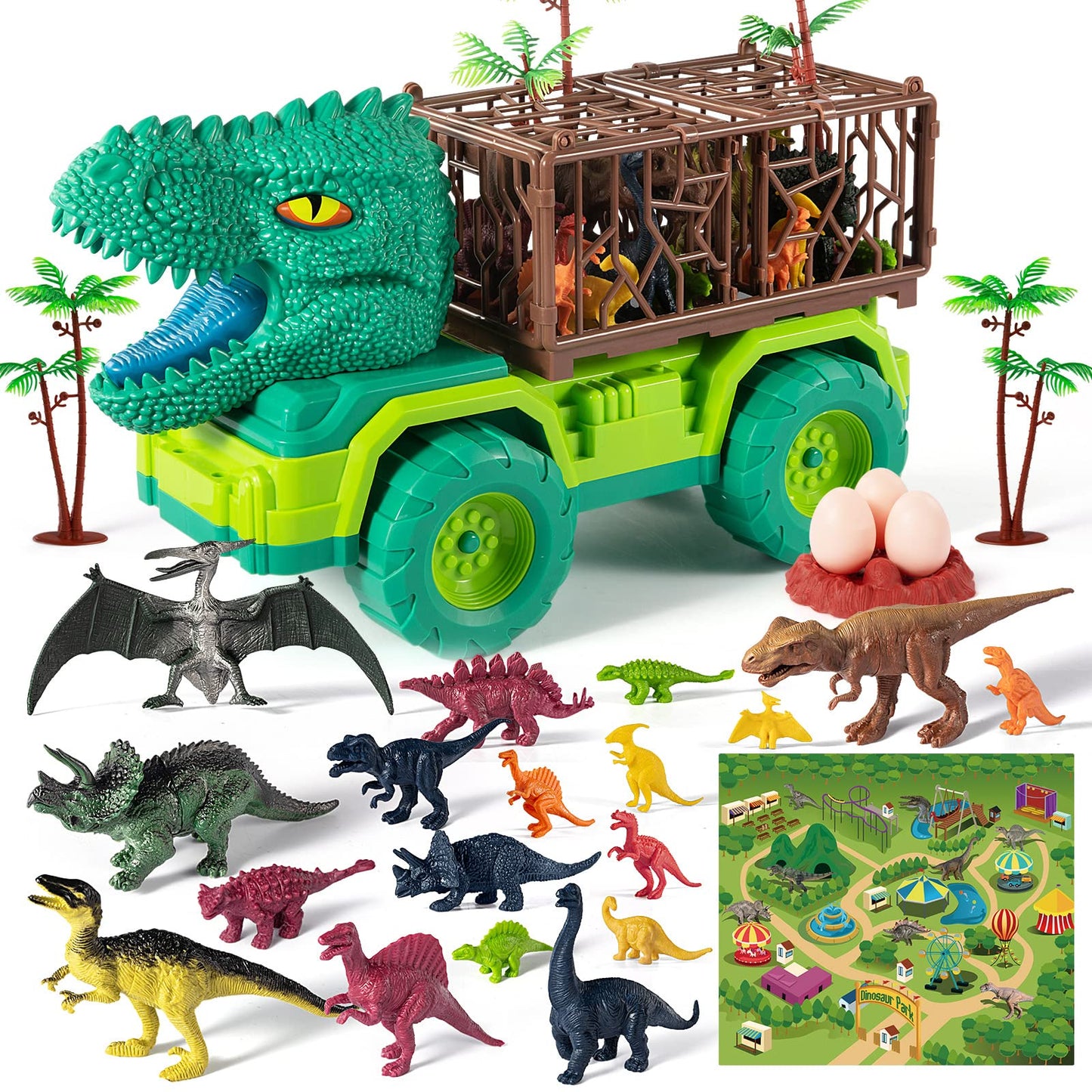 Temi 25 In 1 Tyrannosaurus Rex Dinosaur Carrier Truck Set, Toddler Dinosaur Transport Car Toys For Kids 3-5 With Play Mat, 18 Di