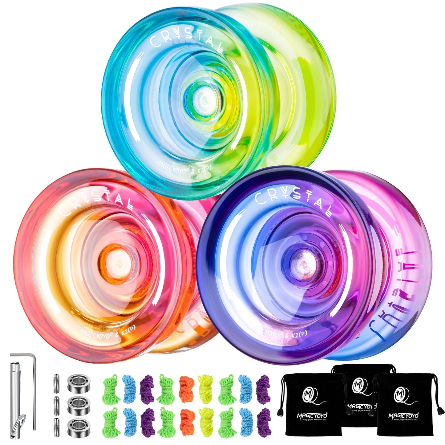 Magicyoyo Crystal Yoyo K2 Pack Of 3, Professional Responsive Yoyo For Kids Beginner, Dual Purpose Yoyos Replacement Unresponsive Bearing For Adults/Advanced+18 Strings+Remover Tool (Crystal Gradient)