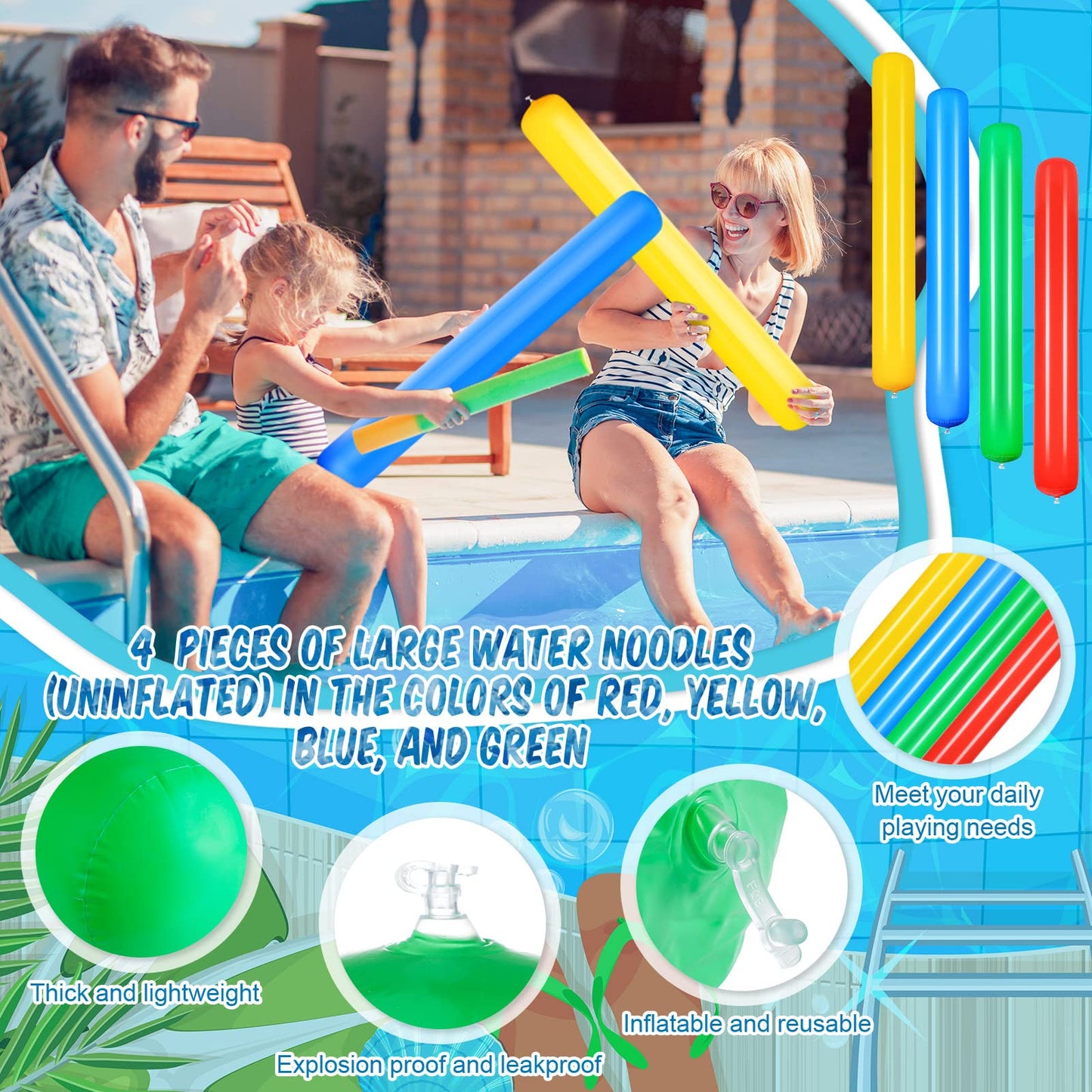 Deekin 4 Pcs Pool Inflatable Sticks Inflatable Pool Noodles Colorful Pvc Outdoor Water Games Giant Blow Up Pool Noodles Pool Stick Noodles For Swimming Pools Adults Beach Lake Party, 41.34 Inch