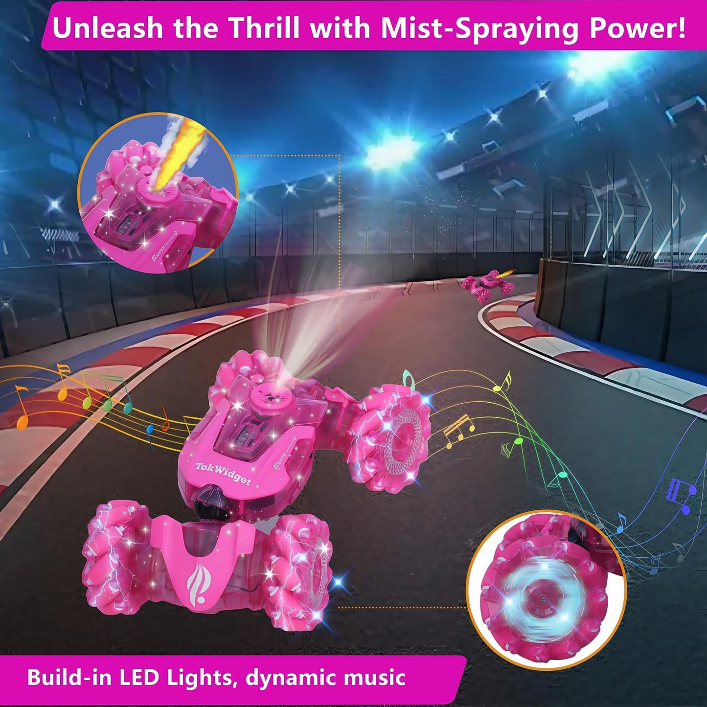Pink Remote Control Car For Girls, Gesture Sensing Stunt Remote Control With Light & Music, 4Wd 360 Rotating, 2.4Ghz Rc Car, Bir