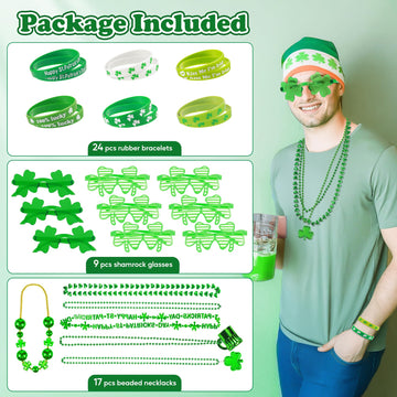 Zugm 50 Pcs St. Patricks Day Accessories, Dressing-Up St. Patricks Day Supplies Set With Green Shamrock Glasses, Shamrock Neckla