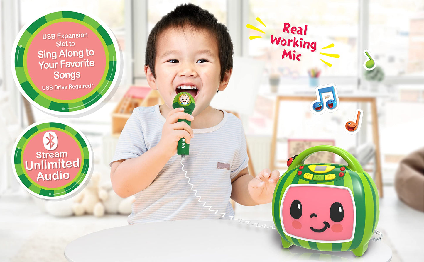 Ekids Cocomelon Karaoke Machine, Portable Bluetooth Party Speaker With Microphone For Kids, Built-In Cocomelon Songs And Speaker