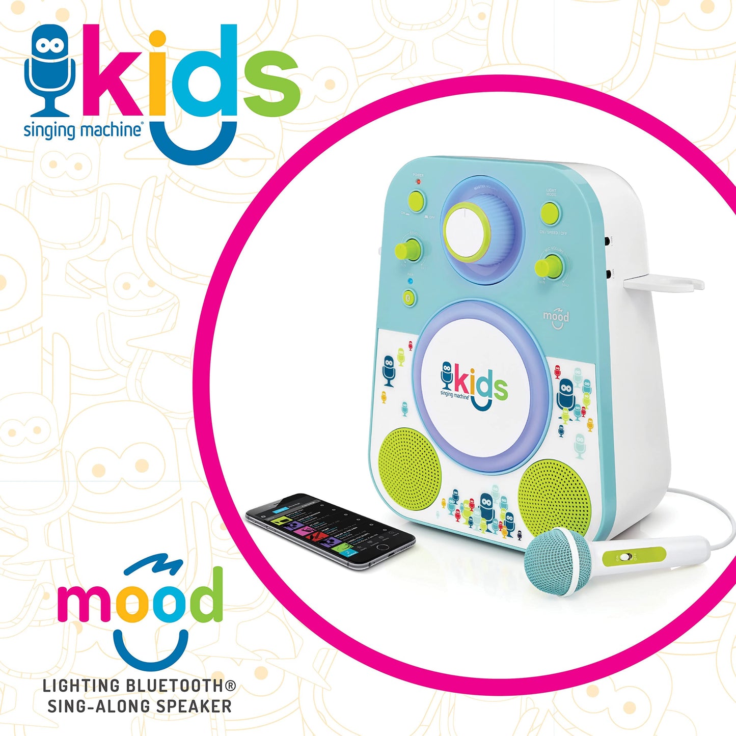 Singing Machine Kids Smk250Bg Mood Led Glowing Bluetooth Sing-Along Speaker With Wired Youth Microphone Doubles As A Night Light
