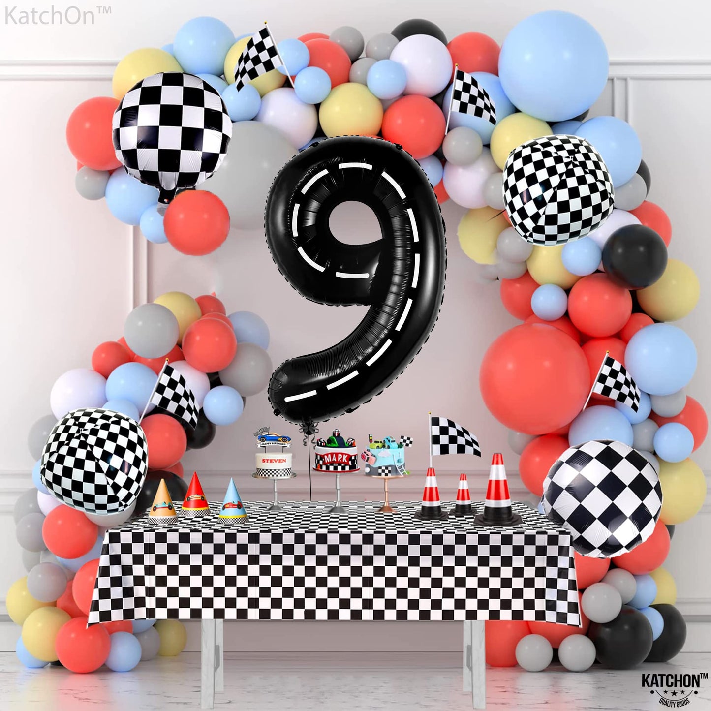 Katchon, Giant Checkered Number 9 Balloon - 40 Inch | Checkered 9 Balloon | 9 Birthday Balloon For 9 Birthday Decorations | Checkered 9 Balloon For Birthday Party Decorations | 9 Number Balloon