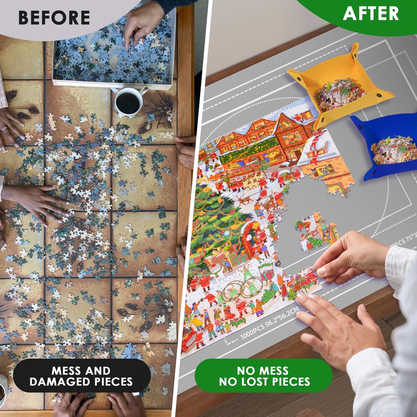 FELIZROCA Puzzle Mat - 1500 Pieces Jigsaw, Felt Roll-Up Mat for Adults With Glue, Applicator, 4 Sorting Trays, Storage Bag & Pum