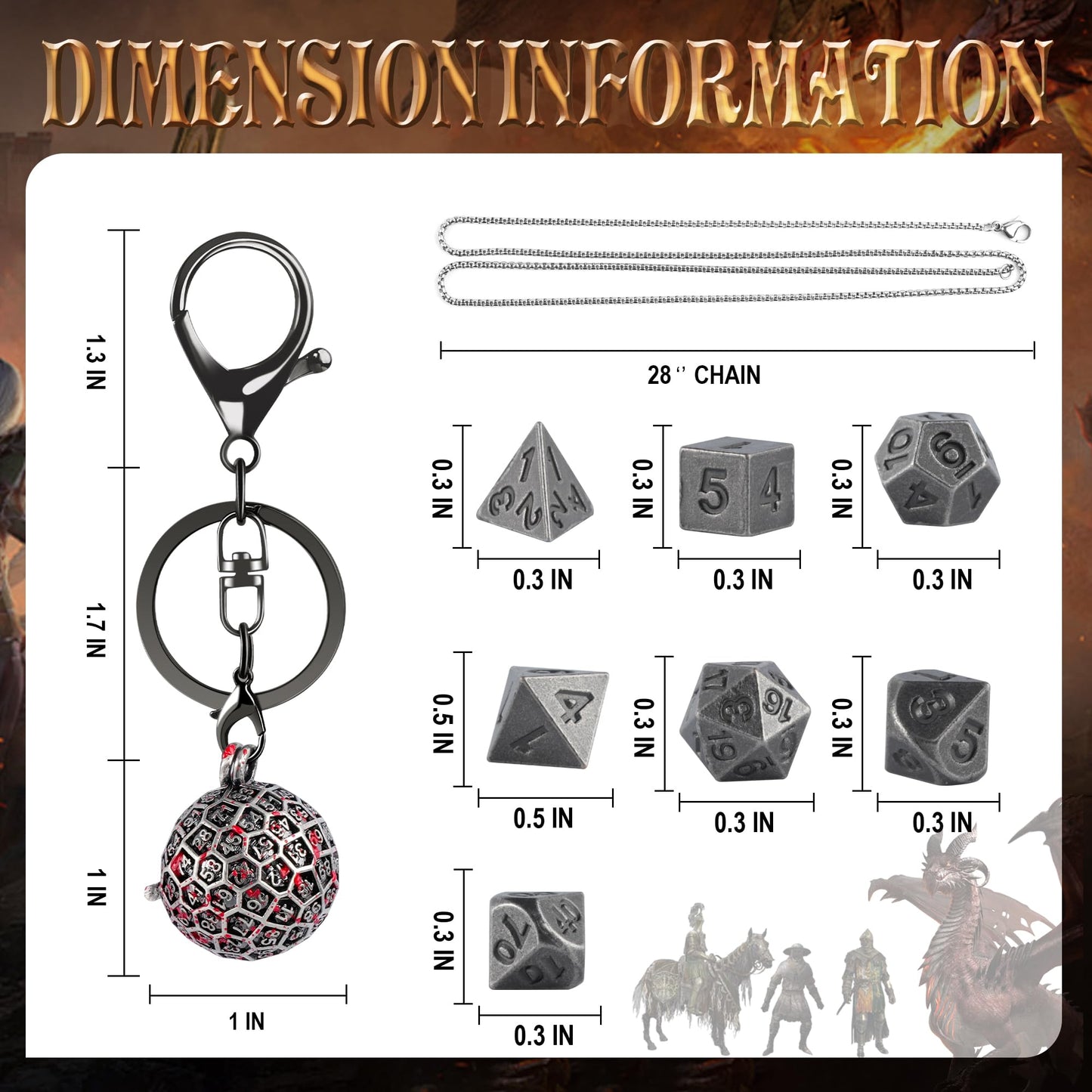 Kabinka Mini DND Dice Set, D100 Hollow Metal Dice Necklace, 7PCS Tiny D&D Dice with Keychain for Dungeons and Dragons, RPG, Port