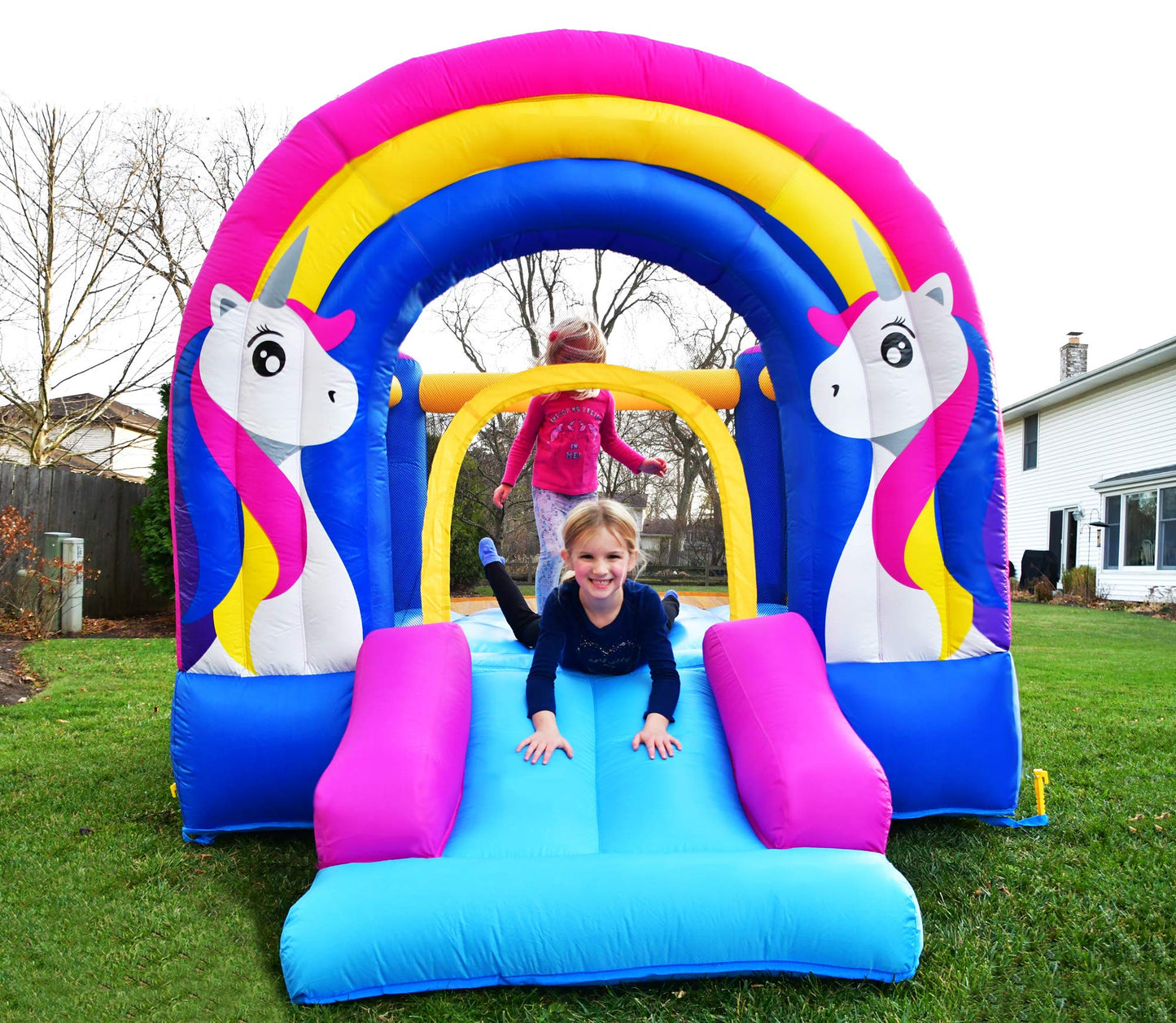 Bounceland Rainbow Unicorn Bounce House with Slide, 9.8 ft L x 6.8 ft W x 6.5 ft H inflated Size, UL Certified Blower Included,