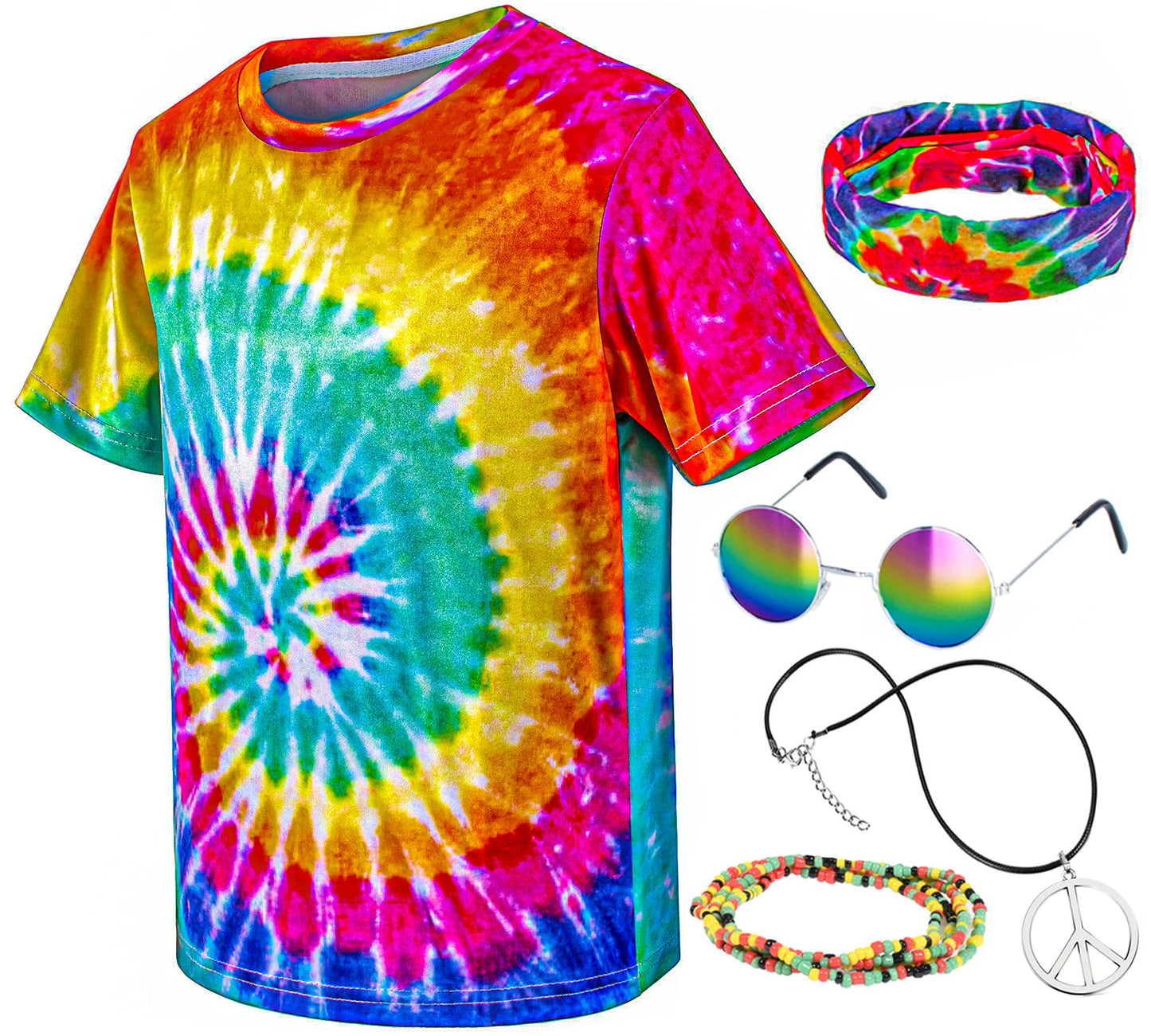 Kids Hippie Costume For Boys Girls 60S 70S T-Shirt 5Pcs Set For Halloween Party 5-6T Multicolor