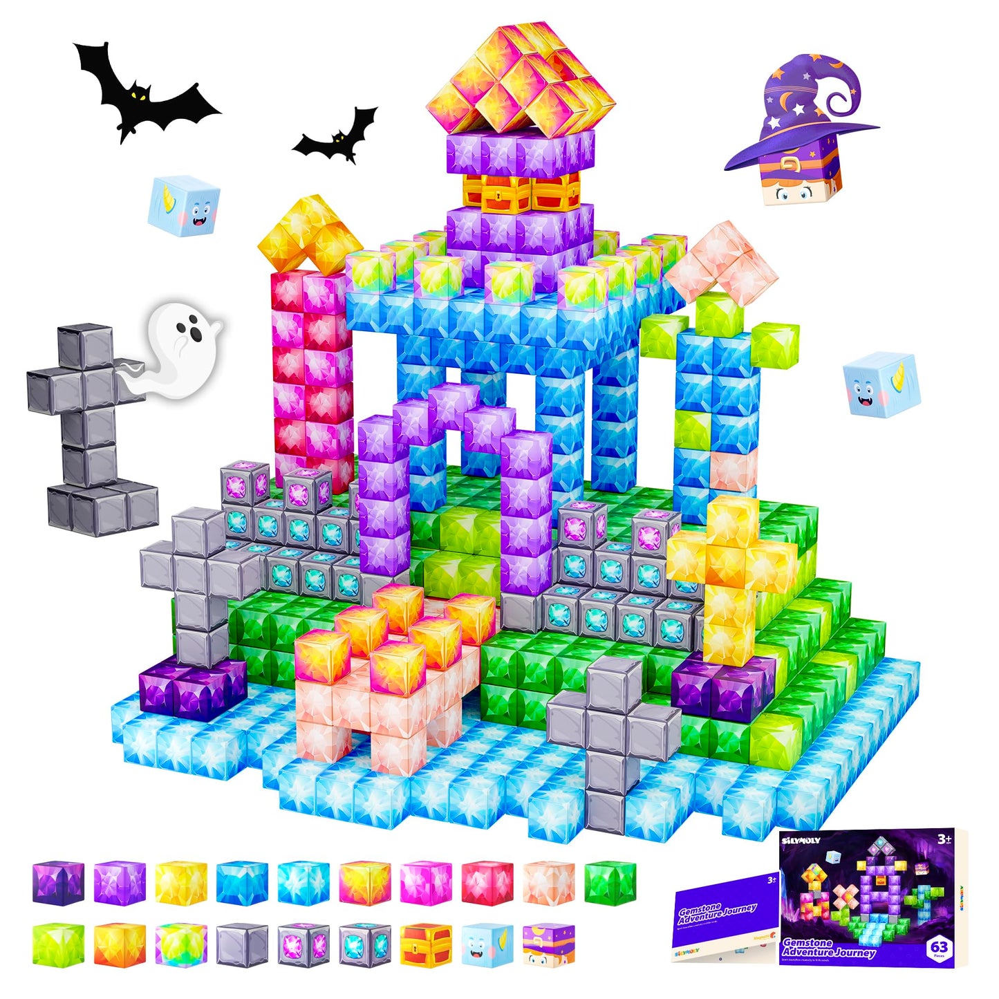Silymoly Magnetic Blocks, Jewel Adventures Theme, Magnetic Building Cubes, Gemstone Magnetic Building Blocks Boys & Girls Toys A