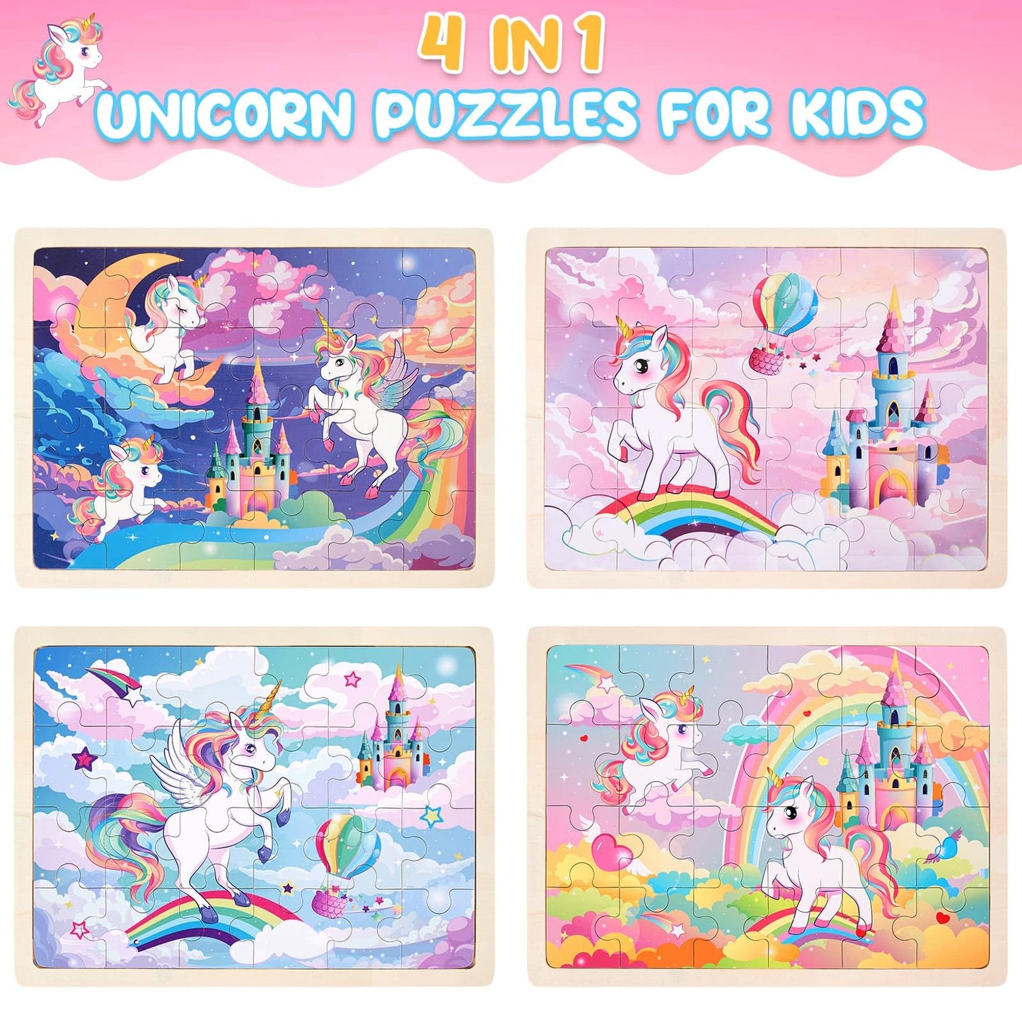 Wernnsai Unicorn Wooden Jigsaw Puzzles - 4 Pack Of 24 Piece Unicorn Princess Wooden Puzzles Preschool Educational Brain Teaser Boards Toddlers Toys Gifts For 3 4 5 6 Year Old Kids Birthday Toys Gifts