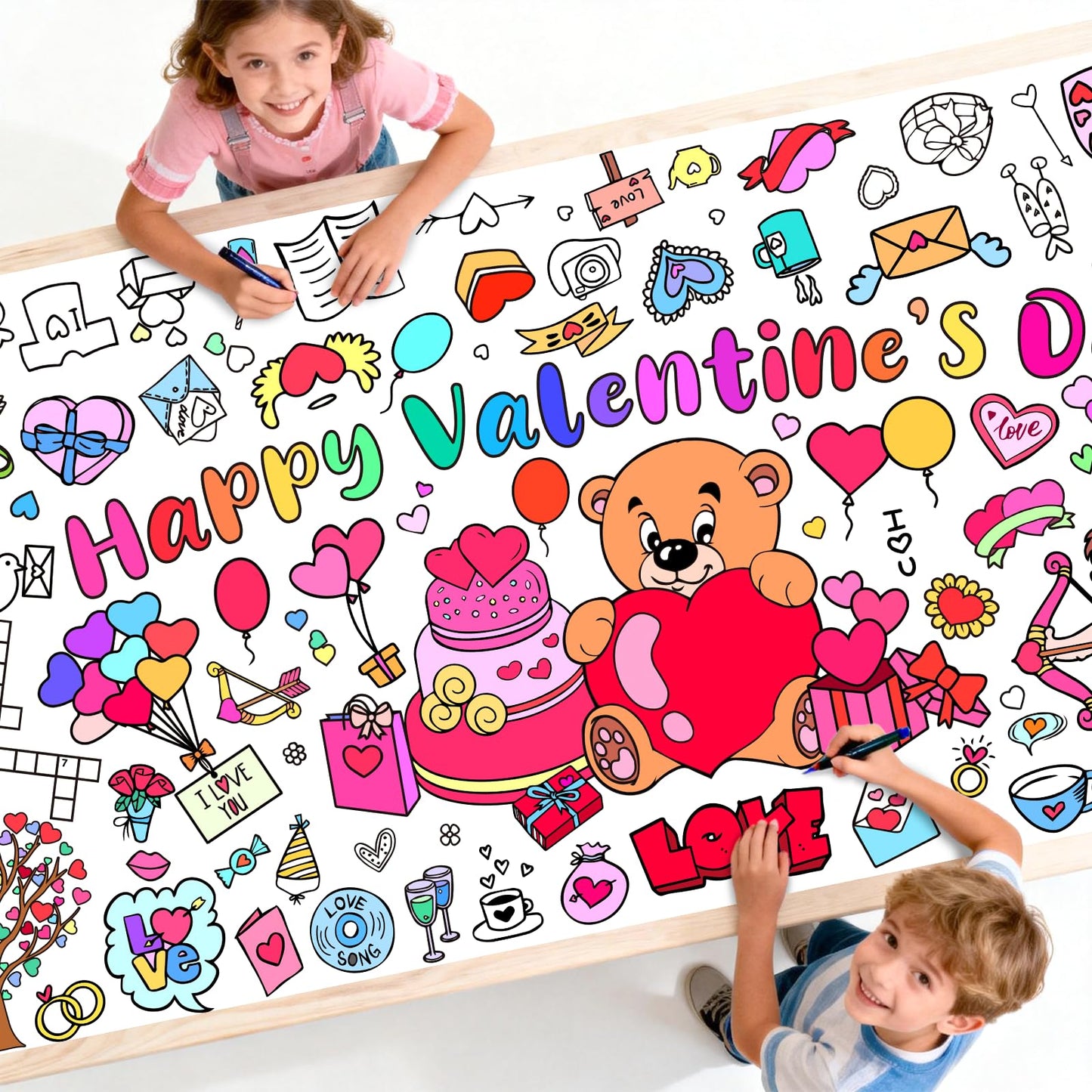 Diltik Valentines Day Giant Coloring Poster/Tablecloth 30 x 72 Inch Paper Coloring Banner, Happy Valentines Day Activity Poster