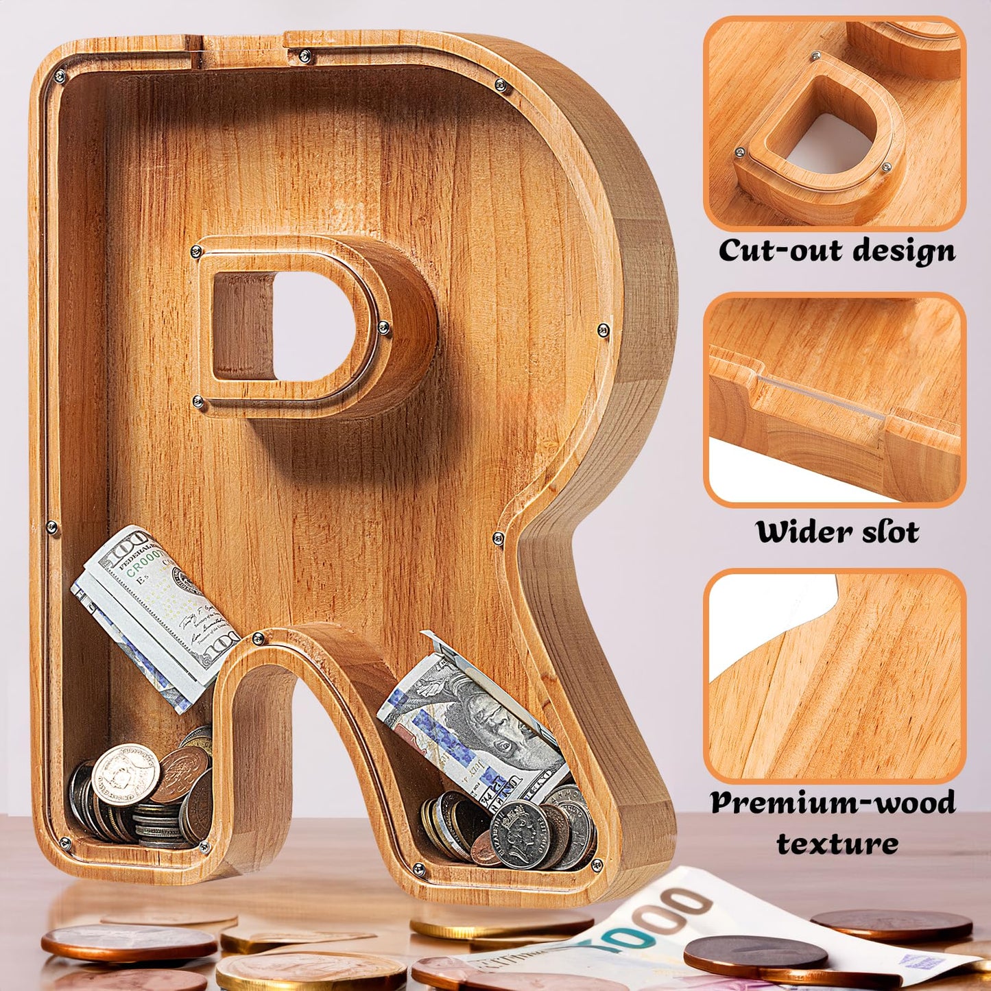 Custom Wooden Piggy Bank, ( Laser Engraved Name) Creative Twenty-Six English Alphabet Letter Storage Tank Personalized Letter Coin Bank Customized Wood Toy Diy Name Letter Kids Money Bank (R)