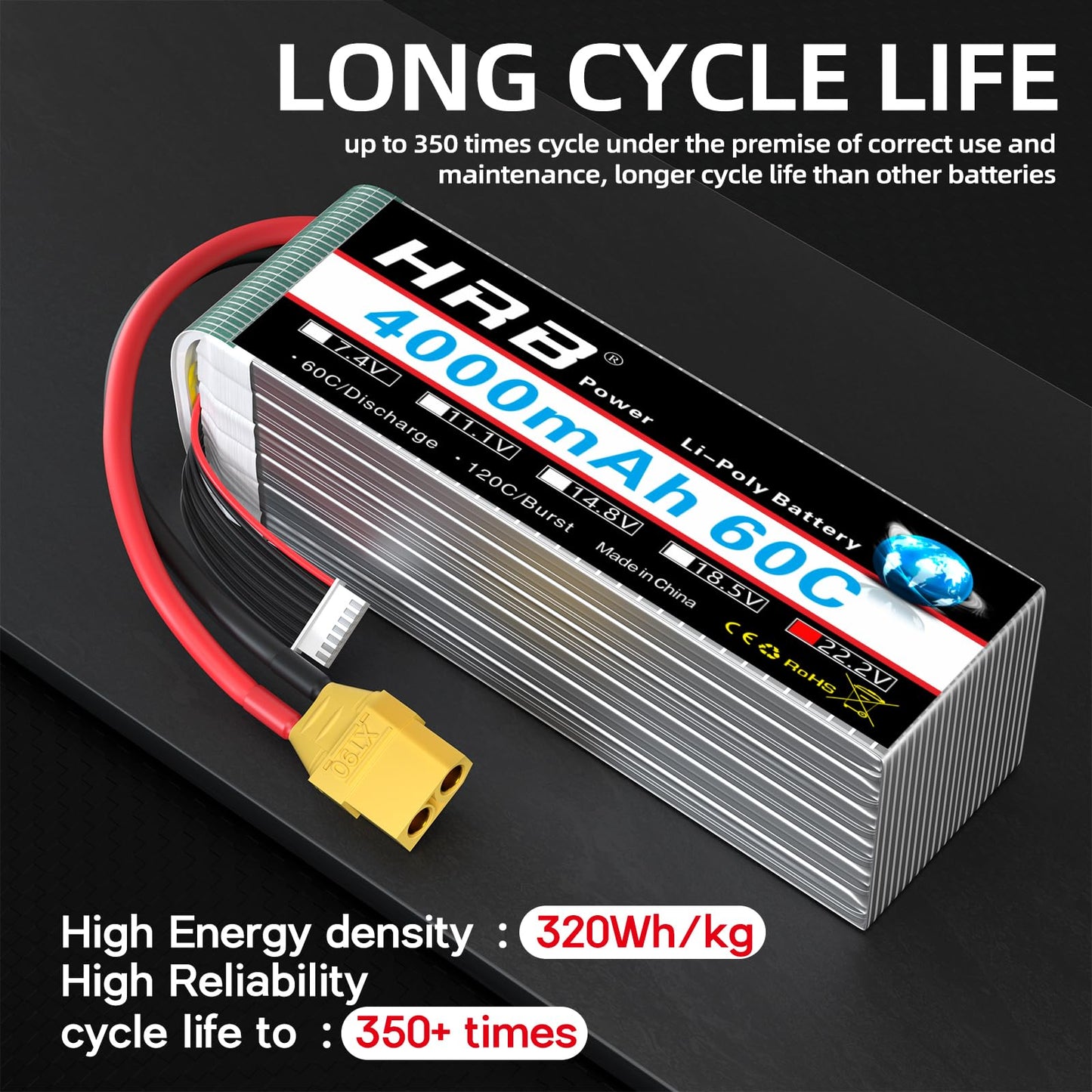 HRB 6S Lipo Battery XT90 4000mAh 60C Soft Case 22.2V RC Lipo Battery for RC Quadcopter Helicopter Car Truck Boat Hobby (2packs)