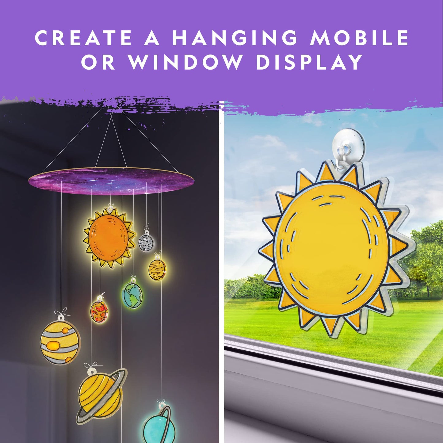 National Geographic Kids Window Art Kit - Stained Glass Solar System Arts & Crafts Kit With Glow In The Dark Planets, Use As Window Suncatchers, Hanging Decor From Ceiling, Mobile, Space Room Decor