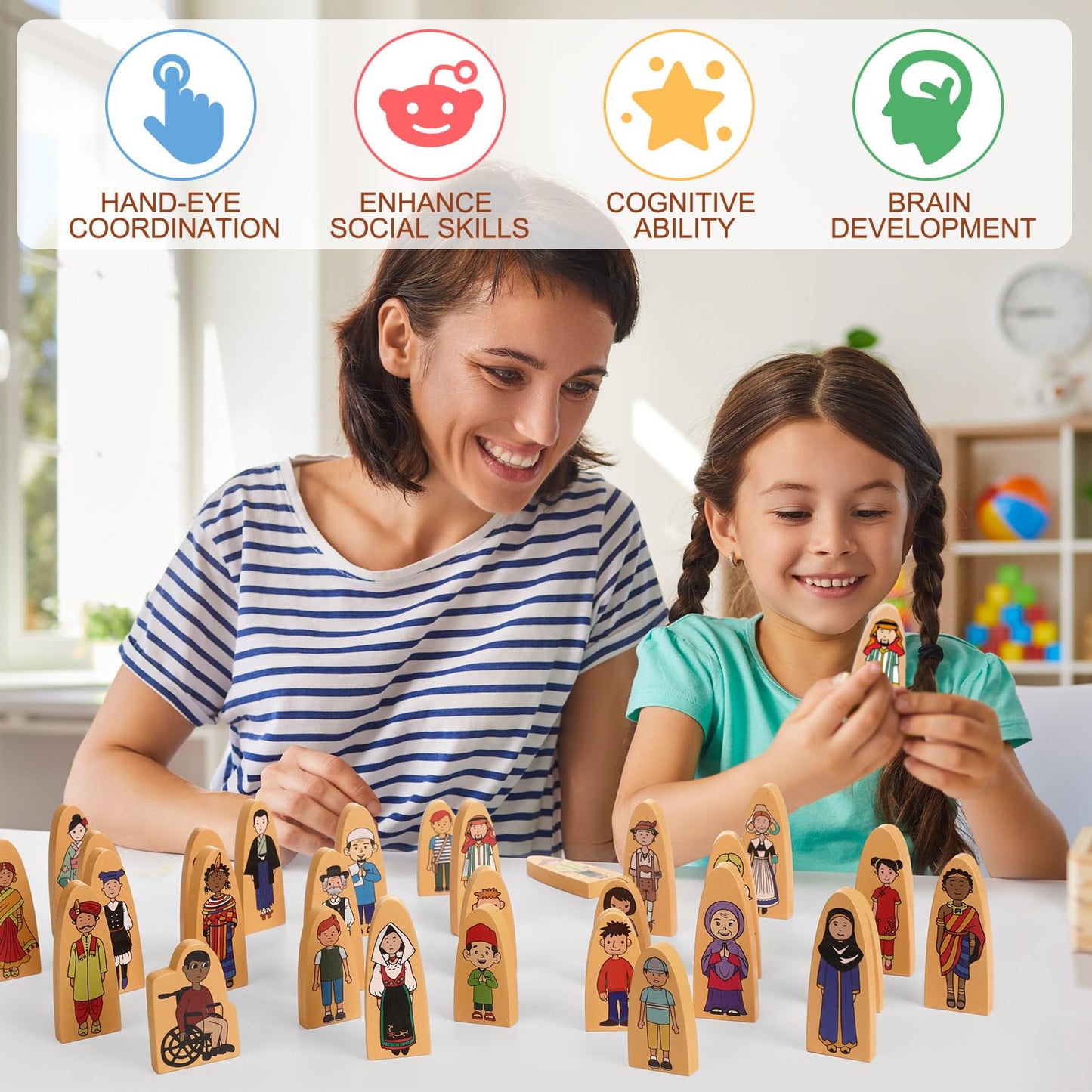 Syhood 30 Pcs Small Wooden Blocks Multicultural Wooden Character Set Cute People Toys Double Sided Wooden People Figures for Classroom Diversity Play Open Ended Stem Pretend Educational Games