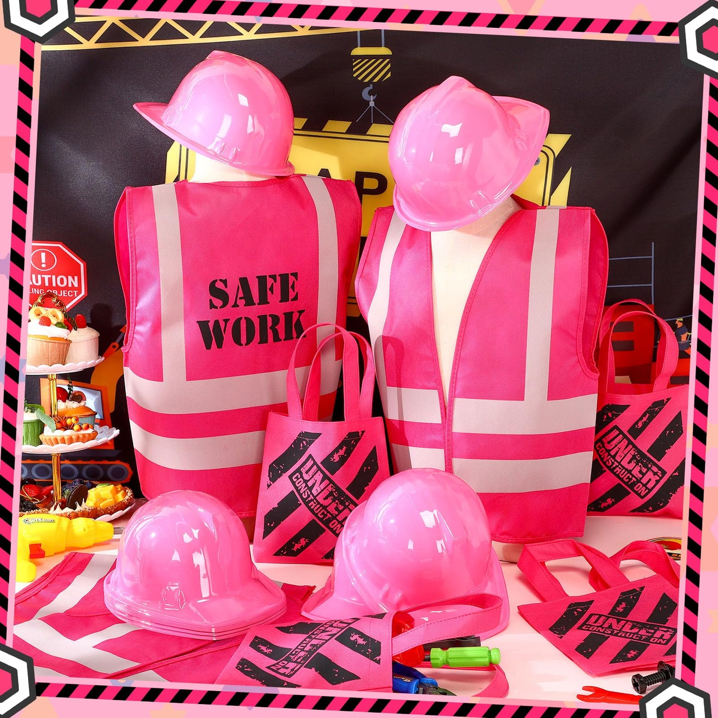 Geyoga 36 Pcs Kids Construction Worker Costume Construction Dress Up Party Favors Vests Hats Bag For Birthday Age 3-8(Pink)