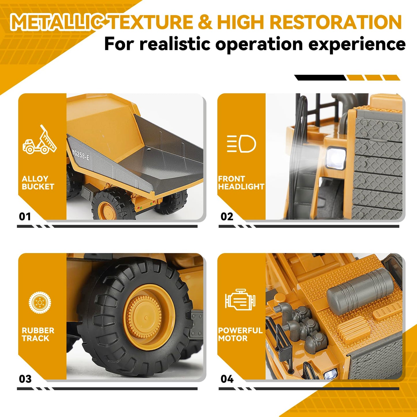 KIZJORYA Remote Control Dump Truck, RC Construction Vehicle for Kids with 9 Channel Metal Bed Light Sound & Rechargeable Battery