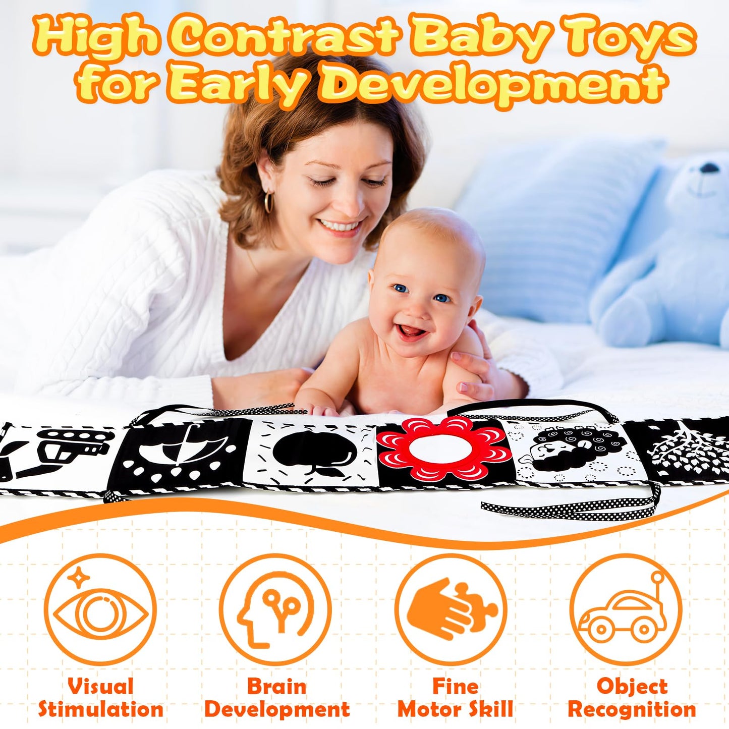 Black And White High Contrast Baby Toys 0-6 Months Montessori Tummy Time Toys Sensory Crinkle Toys For Baby Newborn Infant 0-3 3-6 Months Soft Cloth Books Carseat Toys For Baby Boy Girl Gifts