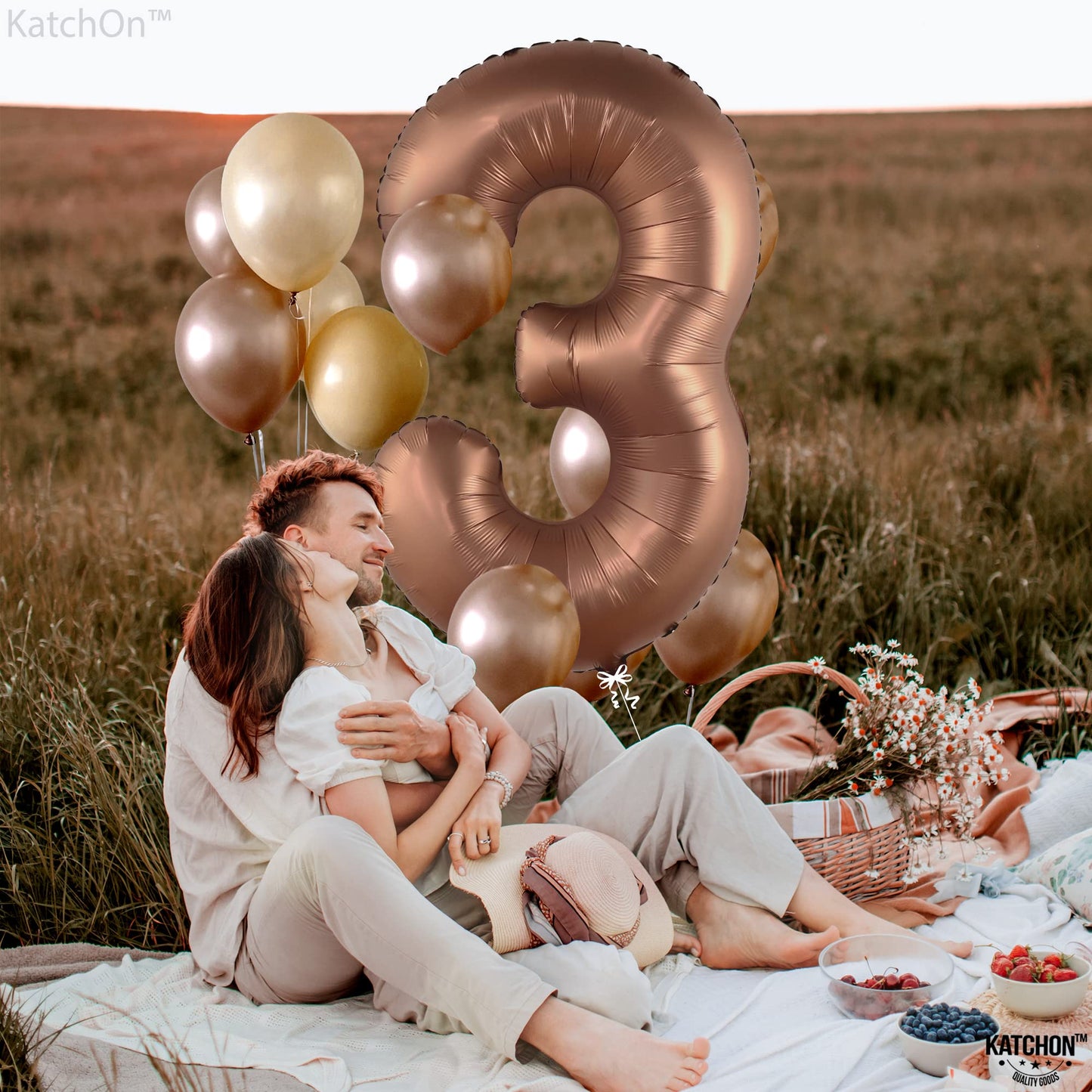 Katchon, Coffee Brown Number 3 Balloon - 40 Inch | Giant, 3 Balloon Number, 3Rd Birthday Decorations For Girls | 3Rd Birthday Decorations For Boys | 3 Year Old Birthday | Dinosaur 3Rd Birthday Decor