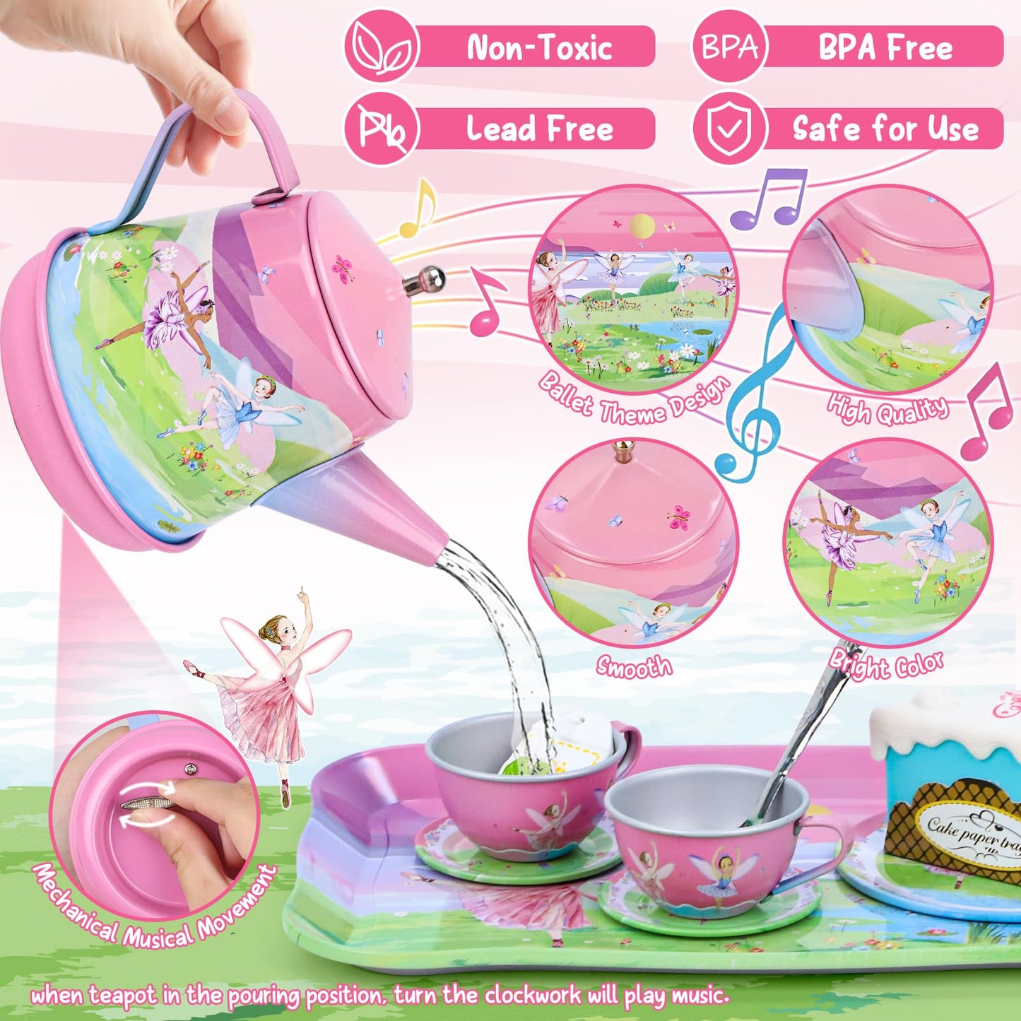 Tea Party Set for Toddles 3-5,53PCS Musical Kids Tea Set for Little Girls with Dessert,Cookies,Doughnut,Cake,Cake Stand,Tableclo