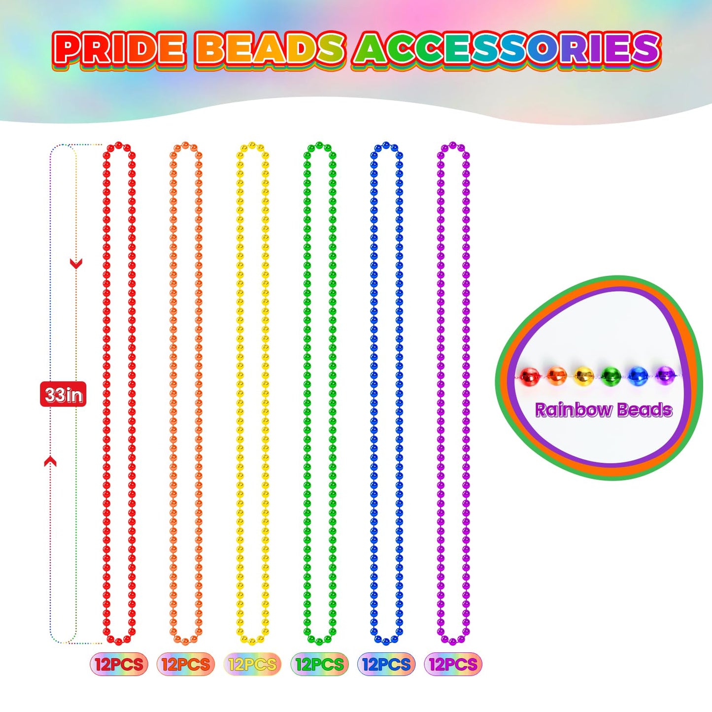 Yaxinrui 72 Pcs Pride Beads Necklaces, Lgbtq Pride Beads Stuff Accessories Metallic Rainbow Bead Necklaces For Gay Lesbian Pride