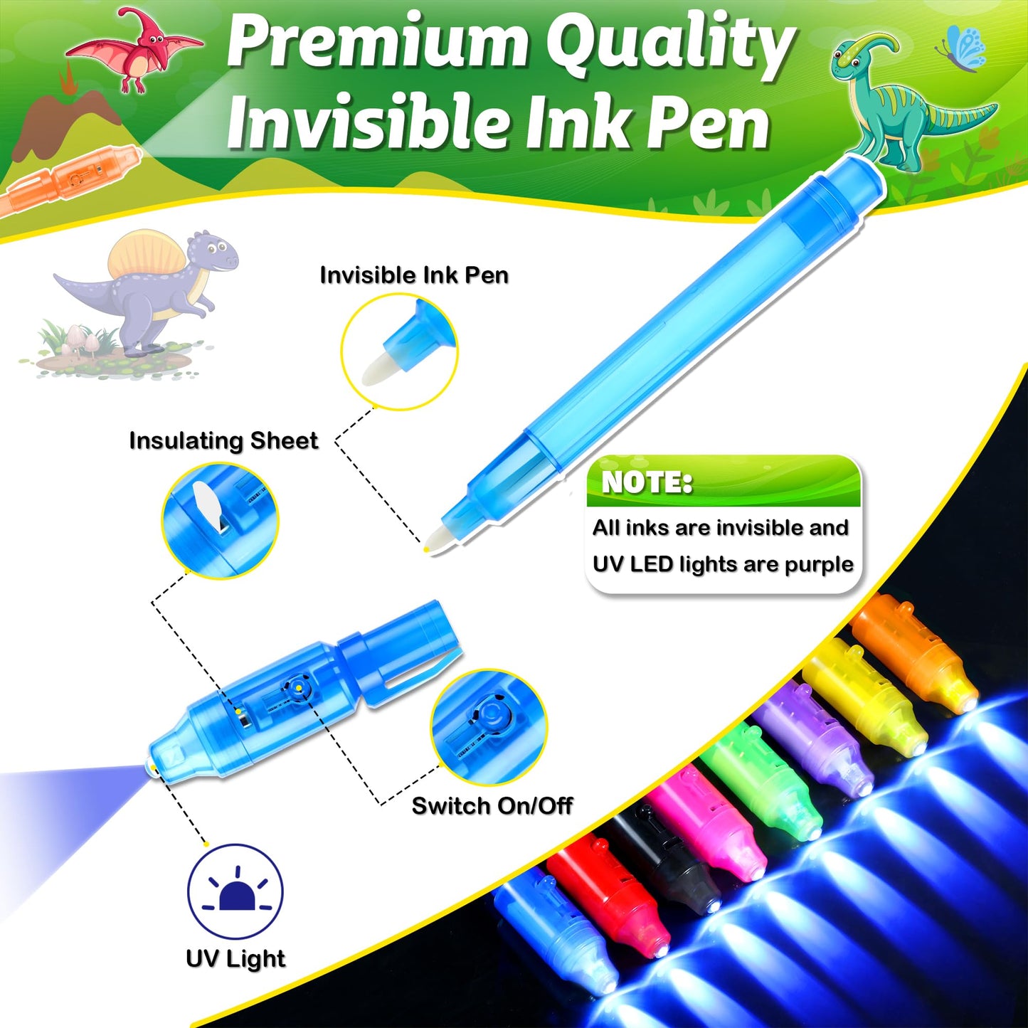 Giftinbox Invisible Ink Pens With Uv Light For Kids, Spy Pen Dinosaur Party Favors For Kids, 24Pack Invisible Ink Pen And Notebook, Uv Pen For Secret Message Escape Room Birthday Party Favors For Kids