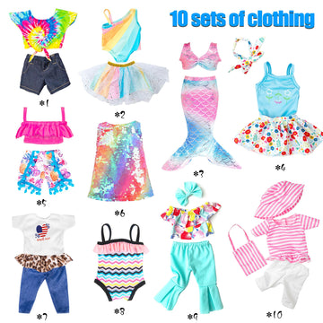 Fashion 10 Sets 18 Inch Doll Clothes And Accessories Play Set Inlcude Mermaid Shinning Dress Outfits Bikini Hat Handbag (No Doll)