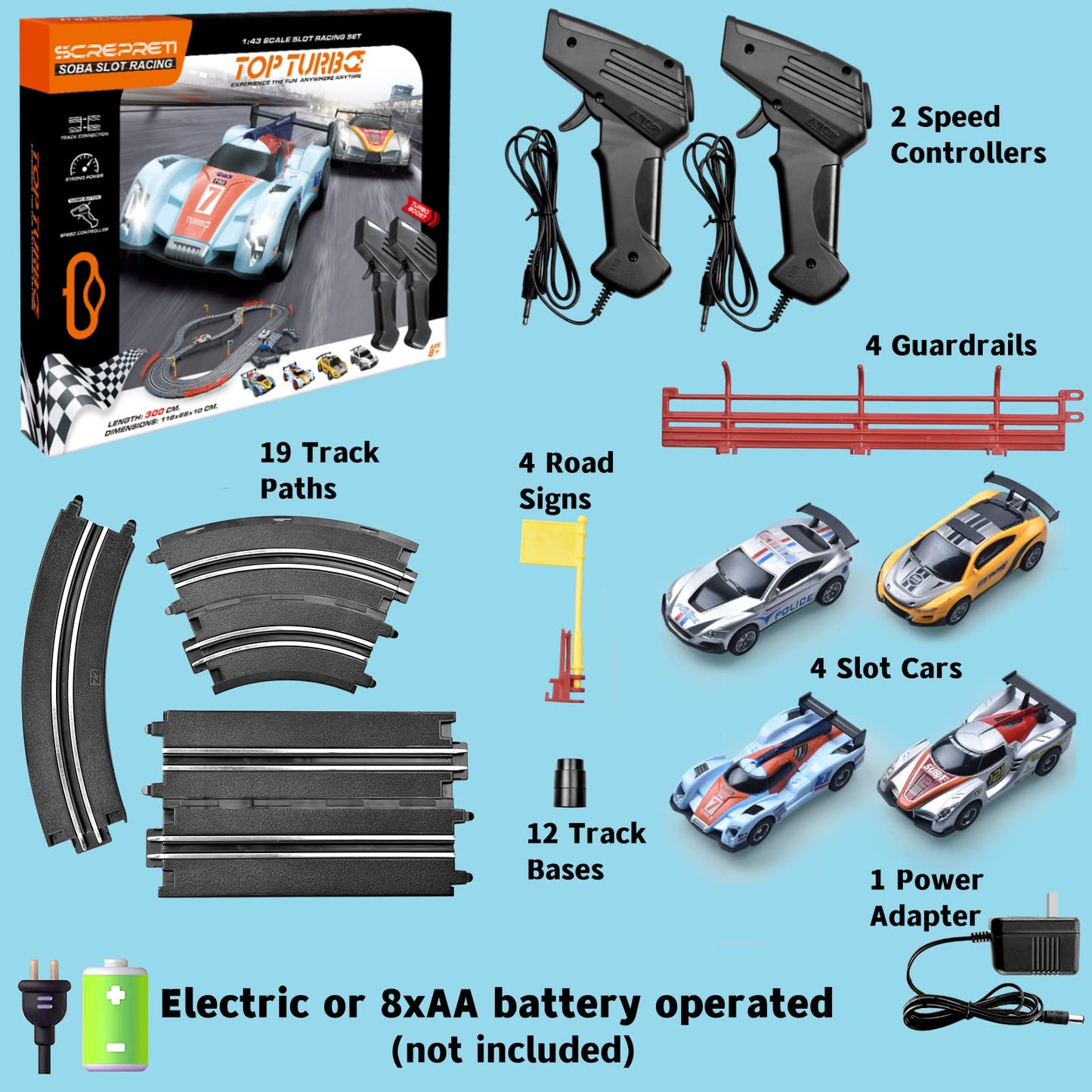 Electric Racing Track Sets For Boys And Kids Including 4 Slot Cars 1:43 Scale And 2 Controllers, Gift Toys For Children