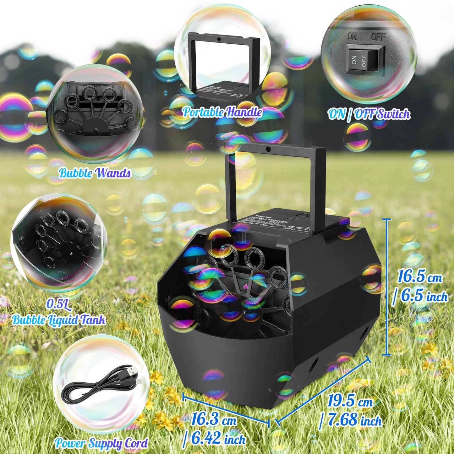 Theefun 500ML Bubble Machine - Automatic Bubble Blower for Kids, Portable, Plug-in/Battery Operated for Parties, Weddings, Indoor/Outdoor Fun, Black