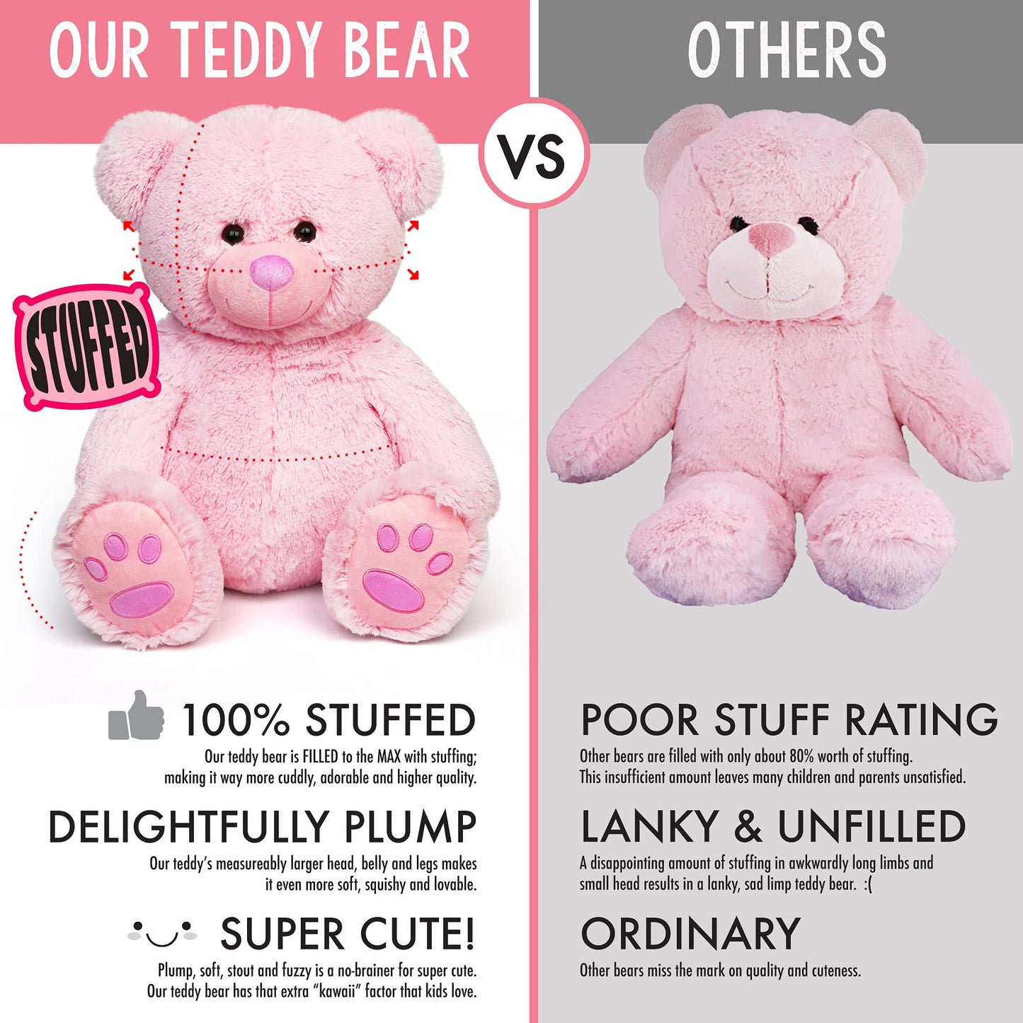 Lotfancy Teddy Bear Stuffed Animals, 20 Inch Pink Stuffed Bear, Cute Plush Toy With Footprints, Plushies For Kids Baby Toddlers