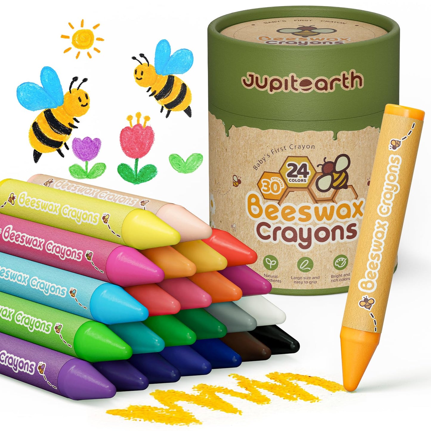 JUPITEARTH 24 Non-Toxic Beeswax Crayons, Jumbo Crayons for Toddlers 1-3, Silky & Washable, Easy to Hold & Safe for Kids, Mess-Fr