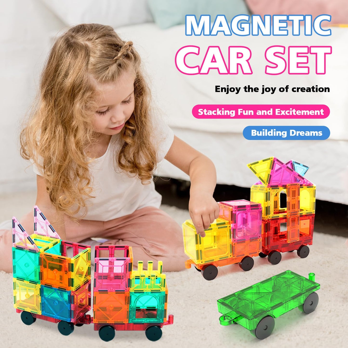 Magnetic Tiles Cars Construction Set, 4 Pcs Magnet Cars Magnetic Building Blocks Cars Toy For Kids Ages 4-8 3-5 Magnet Bricks Truck Kit Educational Sensory Toys Gifts For 3+ Year Old Boys & Girls